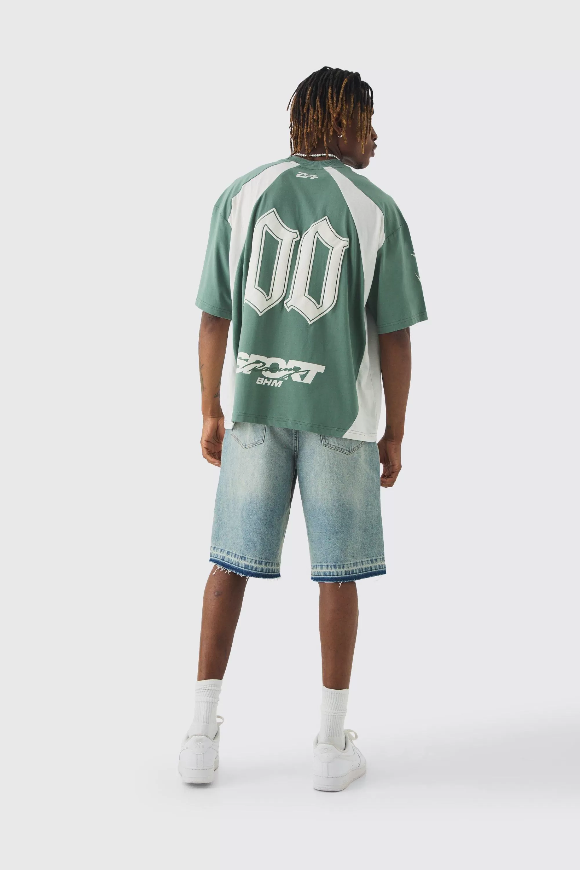 boohooMAN Tall Oversized Boxy Puff Print Moto Extended Neck T-shirt | UK green Best Sale