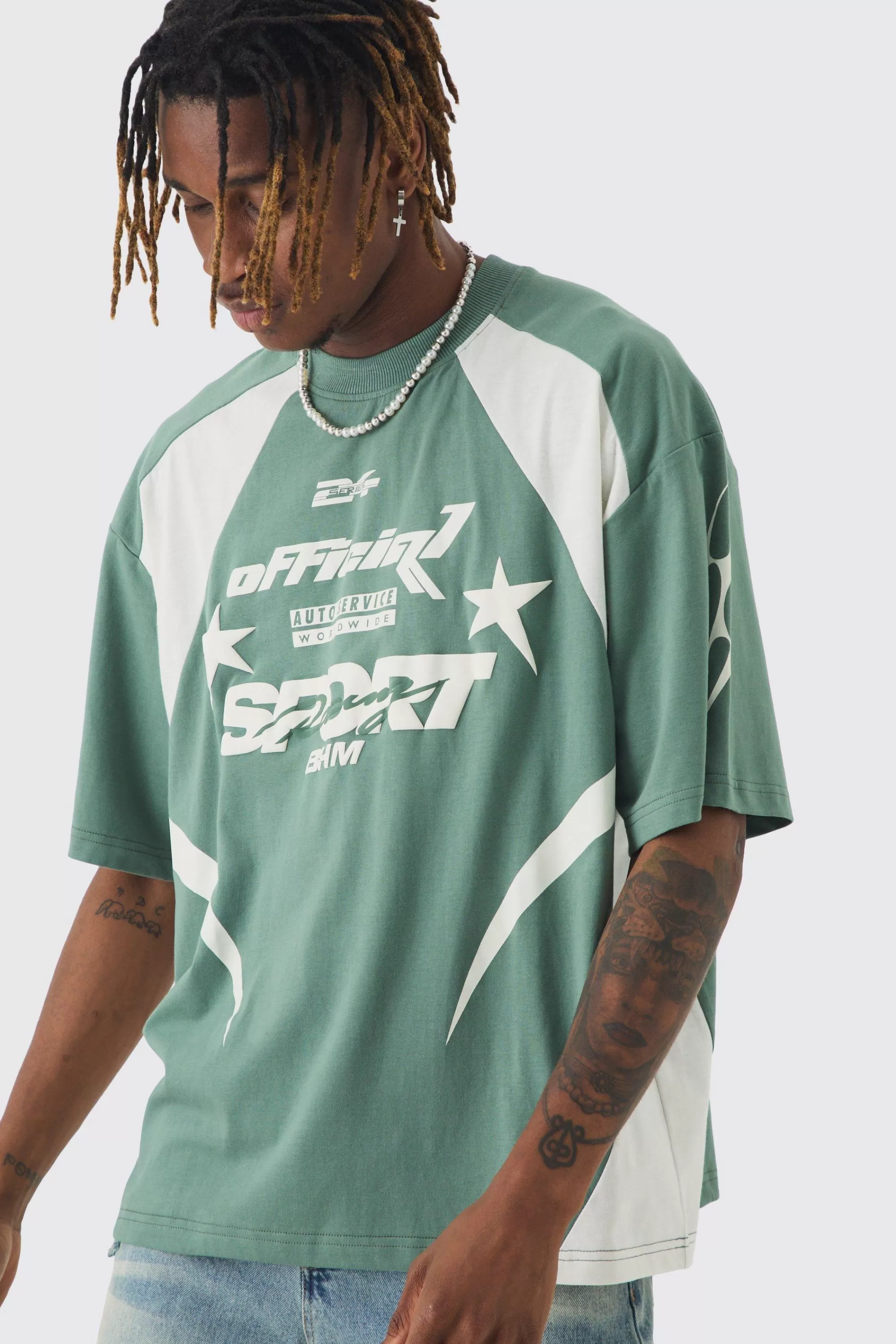 boohooMAN Tall Oversized Boxy Puff Print Moto Extended Neck T-shirt | UK green Best Sale
