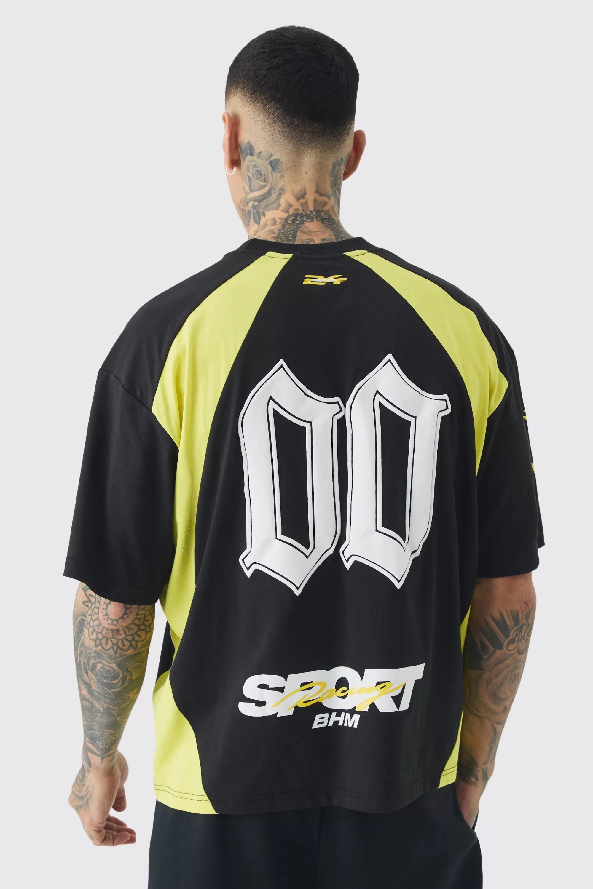 boohooMAN Tall Oversized Boxy Puff Print Moto Extended Neck T-shirt | UK black Online