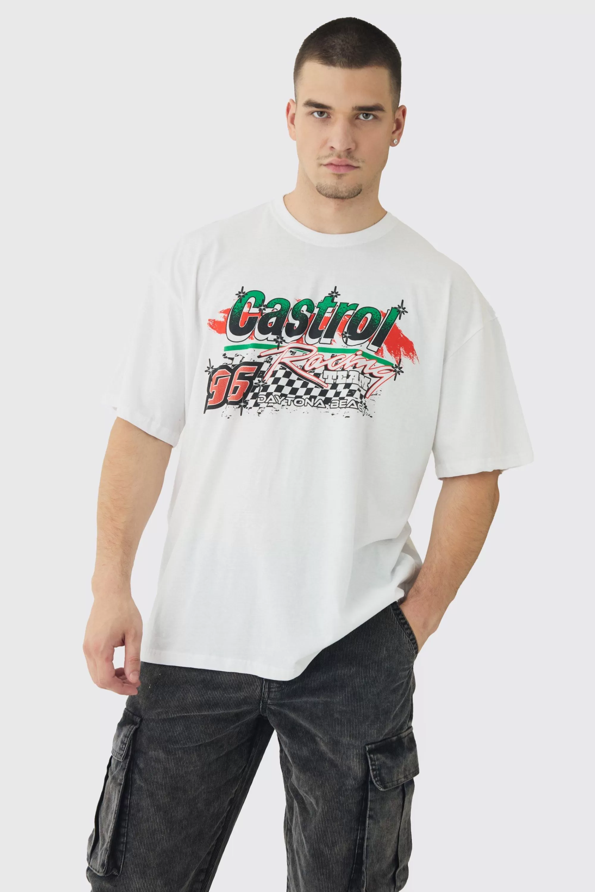 boohooMAN Tall Oversized Castrol GTX License Print T-Shirt | UK white Outlet