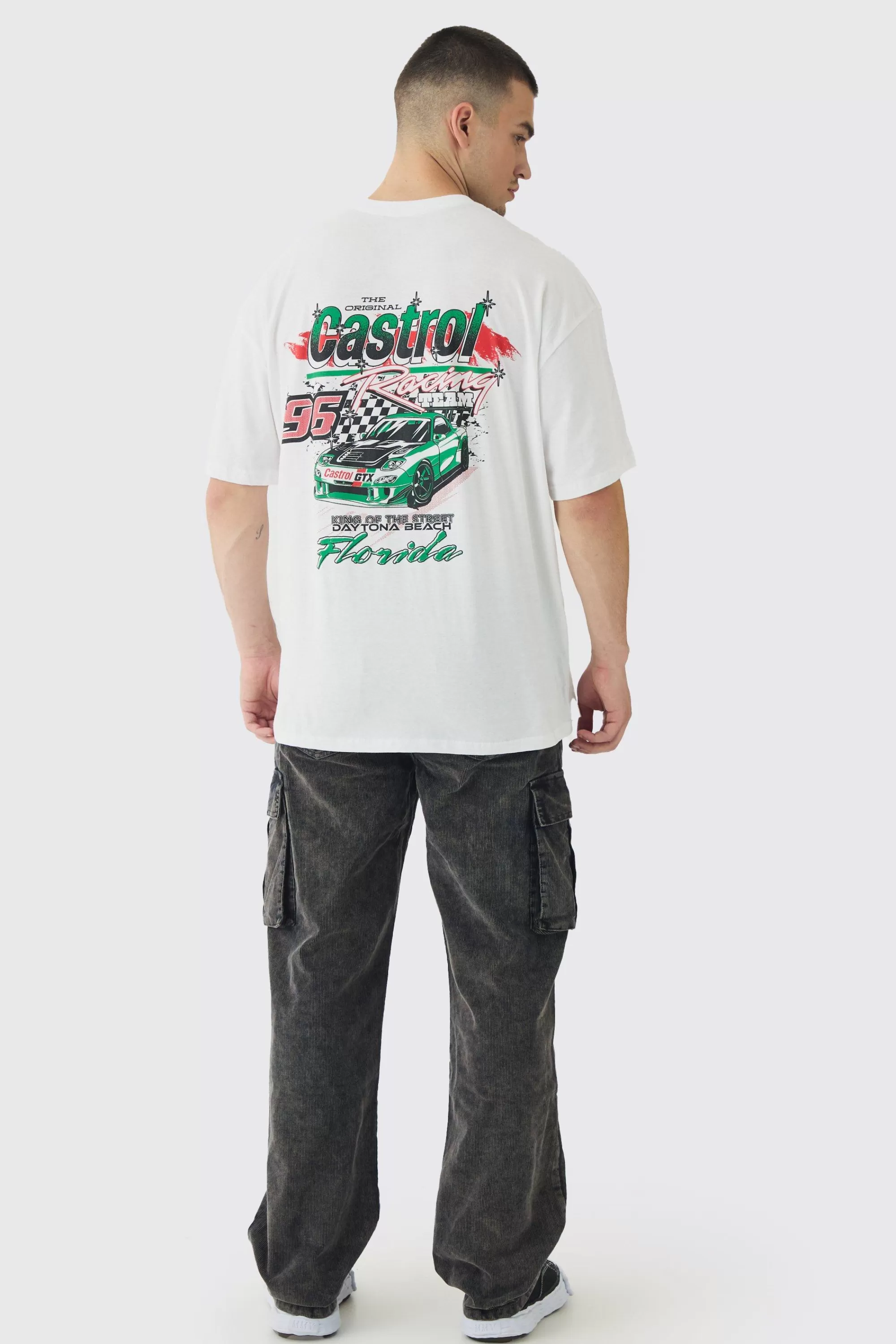 boohooMAN Tall Oversized Castrol GTX License Print T-Shirt | UK white Outlet