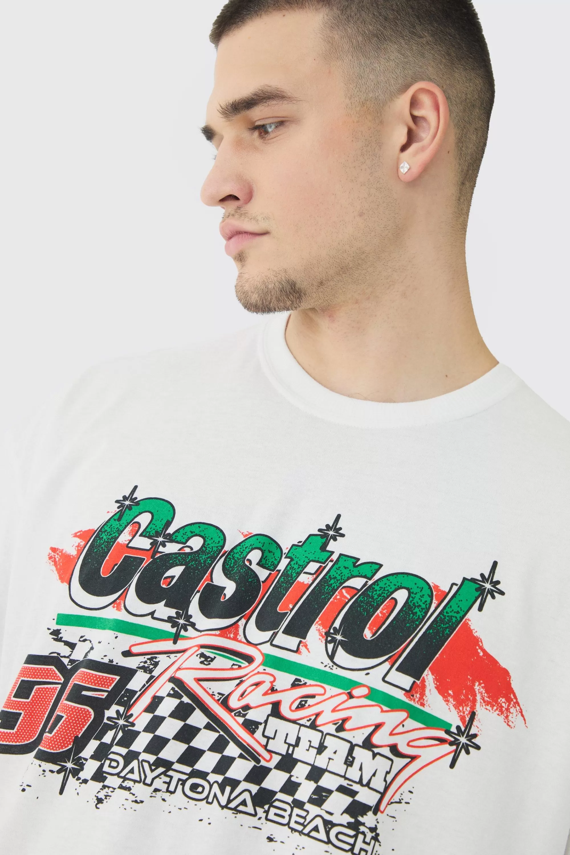 boohooMAN Tall Oversized Castrol GTX License Print T-Shirt | UK white Outlet