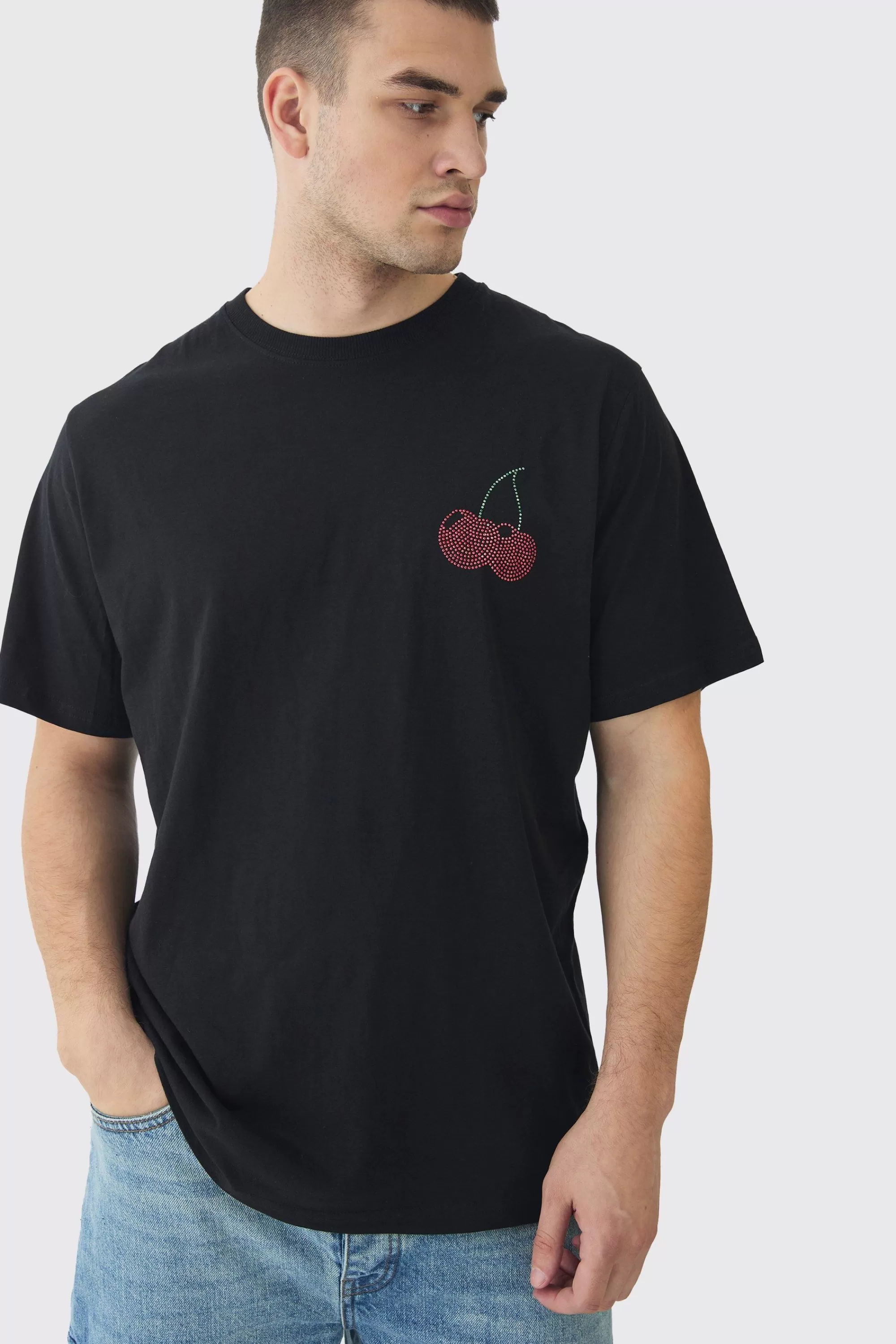 boohooMAN Tall Oversized Cherry Rhinestone Printed T-Shirt In | UK black Store