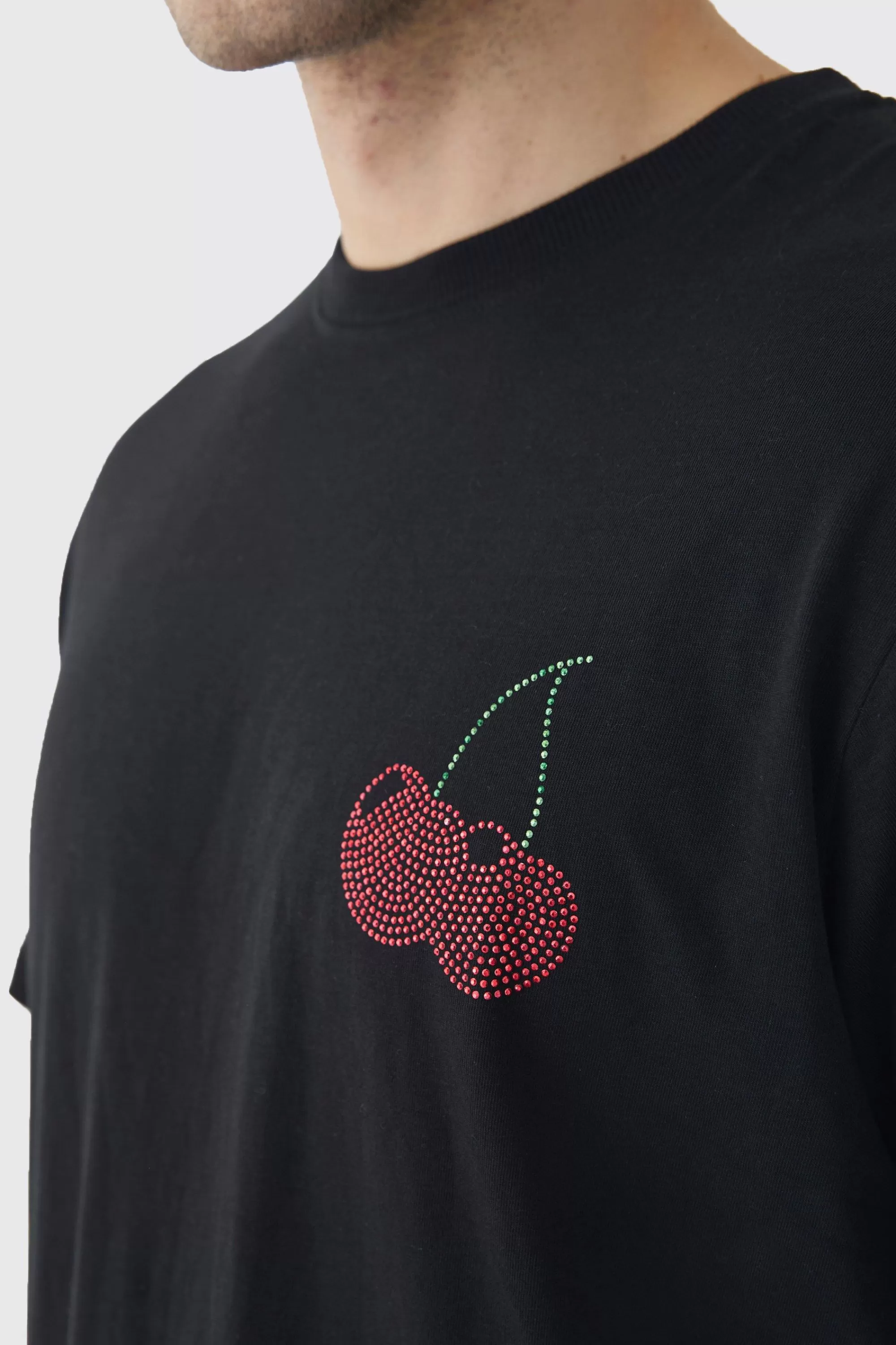 boohooMAN Tall Oversized Cherry Rhinestone Printed T-Shirt In | UK black Store