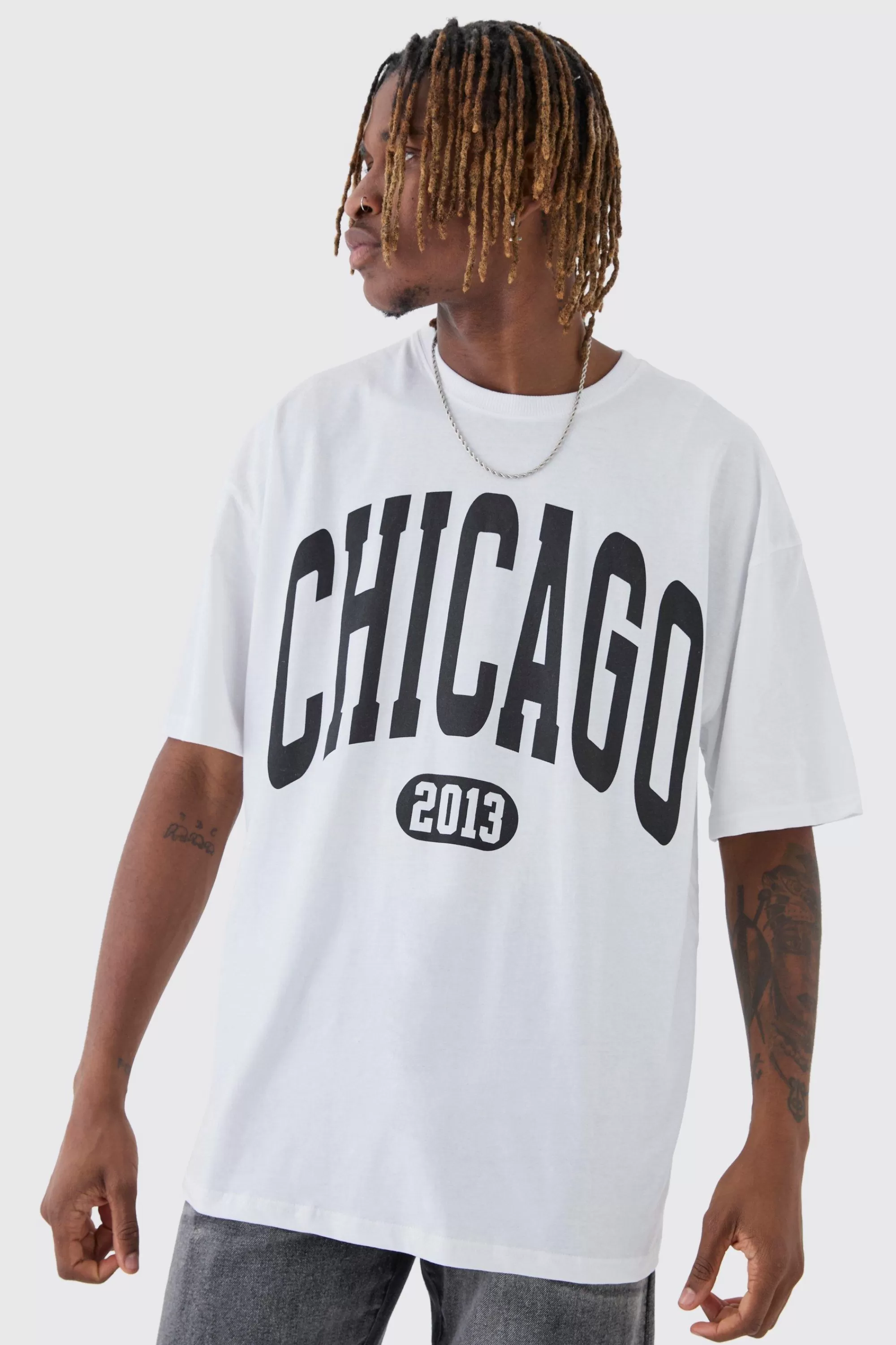 boohooMAN Tall Oversized Chicago Varsity Graphic T-Shirt | UK white Best Sale