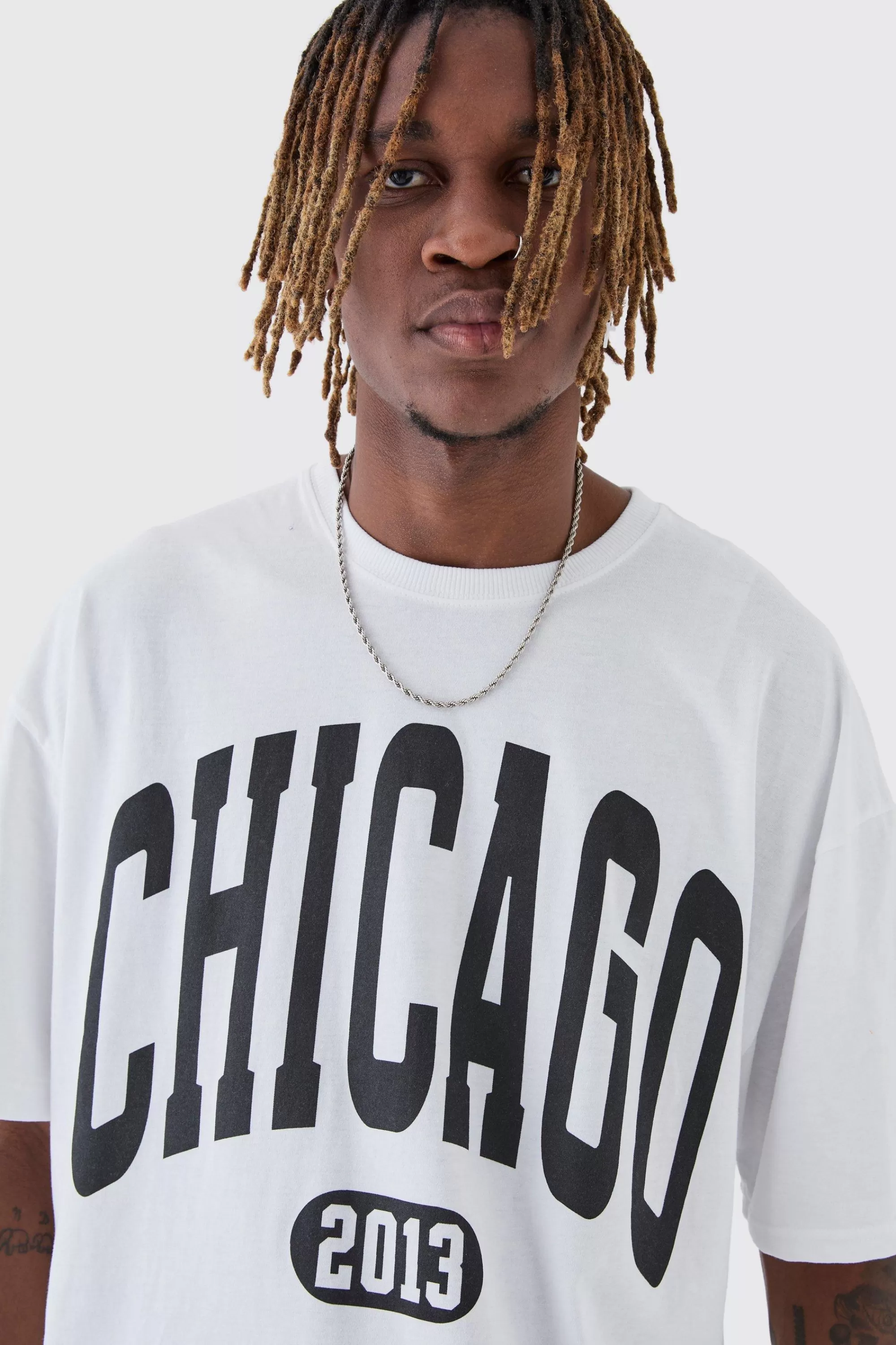 boohooMAN Tall Oversized Chicago Varsity Graphic T-Shirt | UK white Best Sale