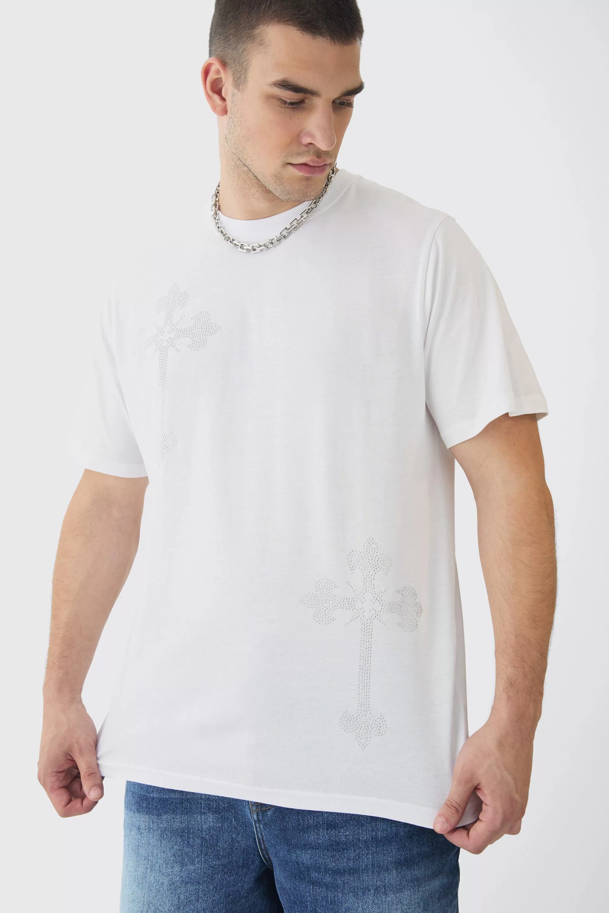boohooMAN Tall Oversized Cross Rhinestone Printed T-Shirt In | UK white Sale