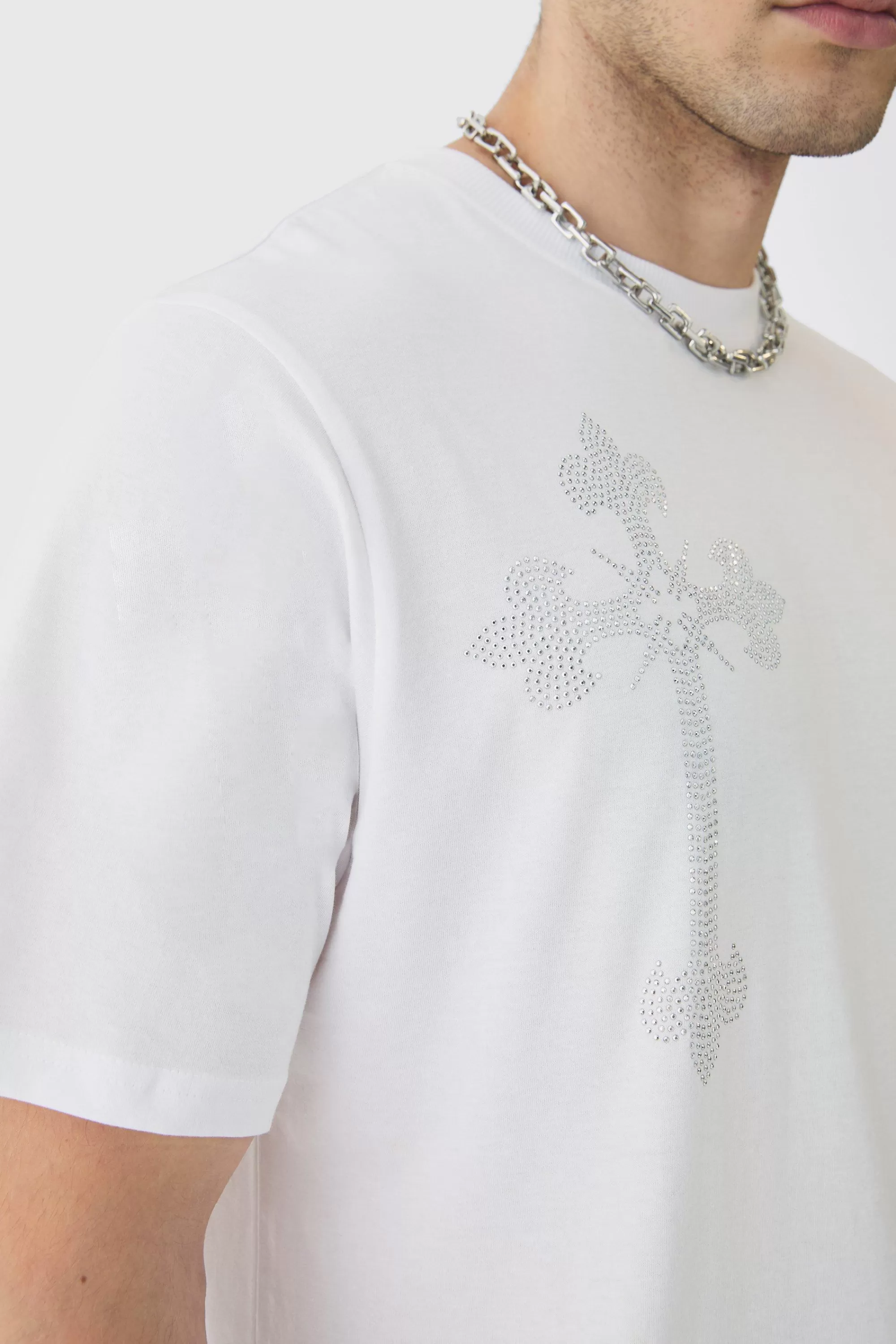 boohooMAN Tall Oversized Cross Rhinestone Printed T-Shirt In | UK white Sale