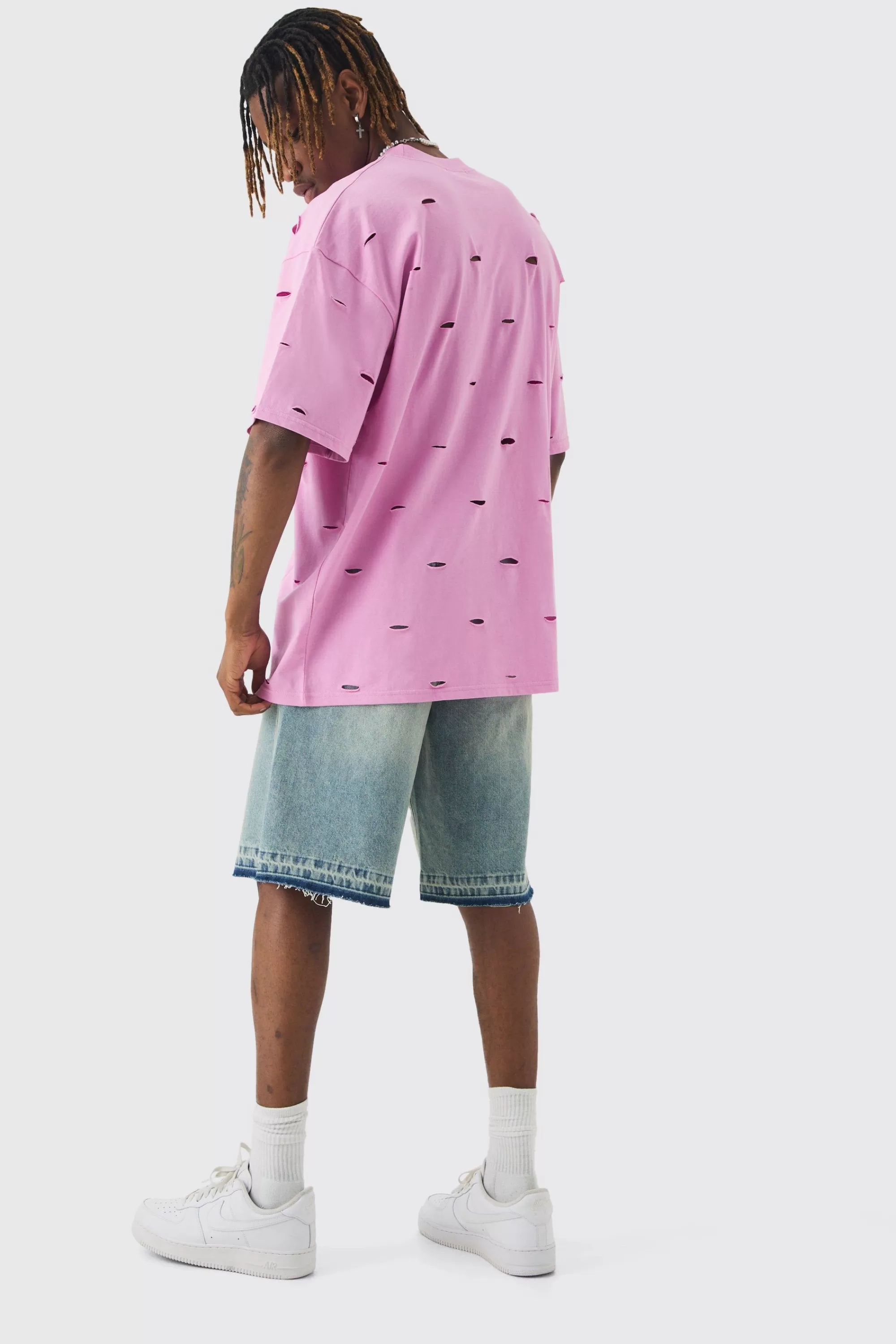 boohooMAN Tall Oversized Distressed Overydye T-shirt | UK pink Discount