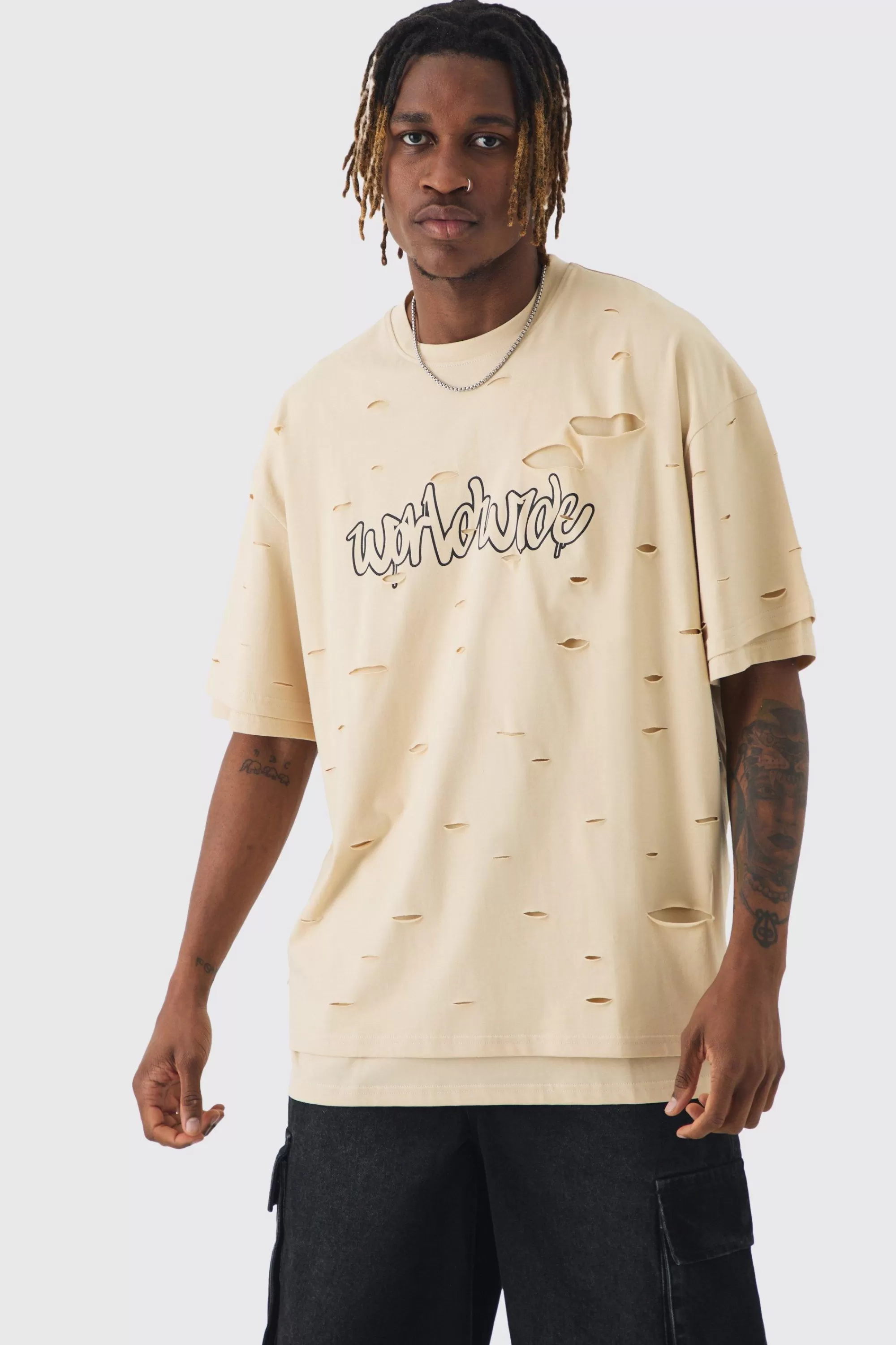 boohooMAN Tall Oversized Double Layer Homme T-shirt | UK stone Cheap