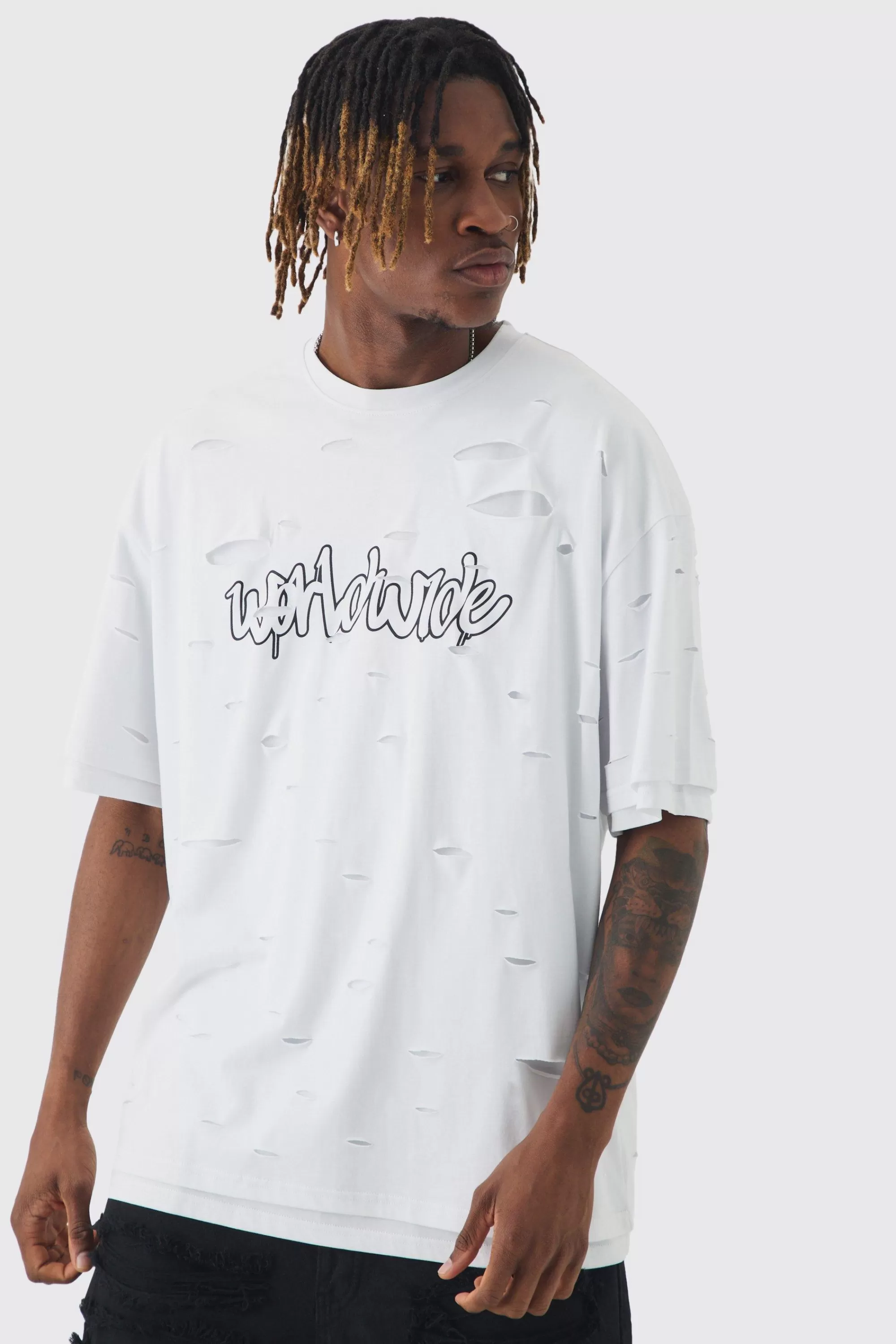 boohooMAN Tall Oversized Double Layer Worldwide T-shirt | UK white Discount