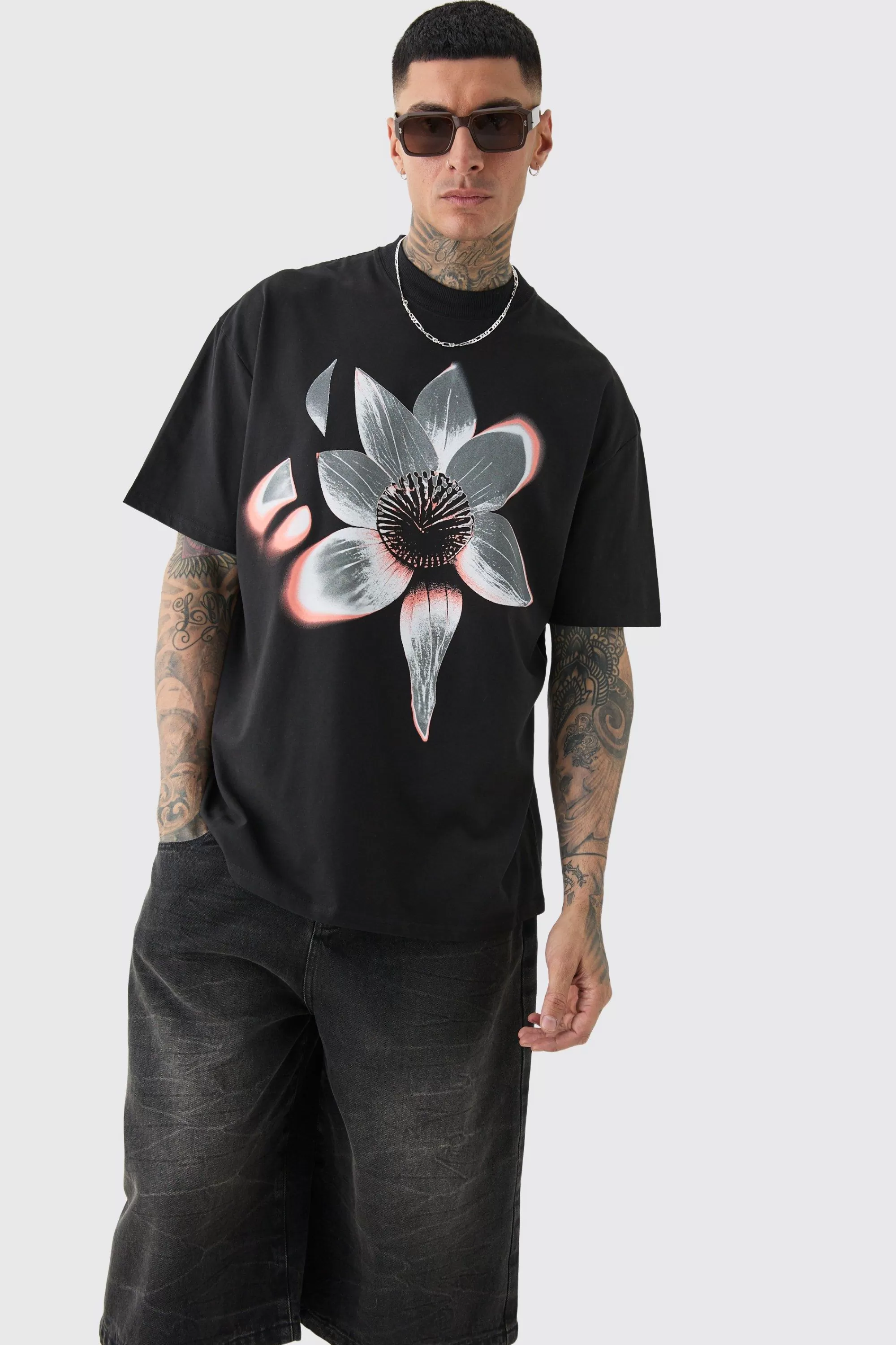 boohooMAN Tall Oversized Extended Neck Abstract Floral Print T-shirt | UK black Best