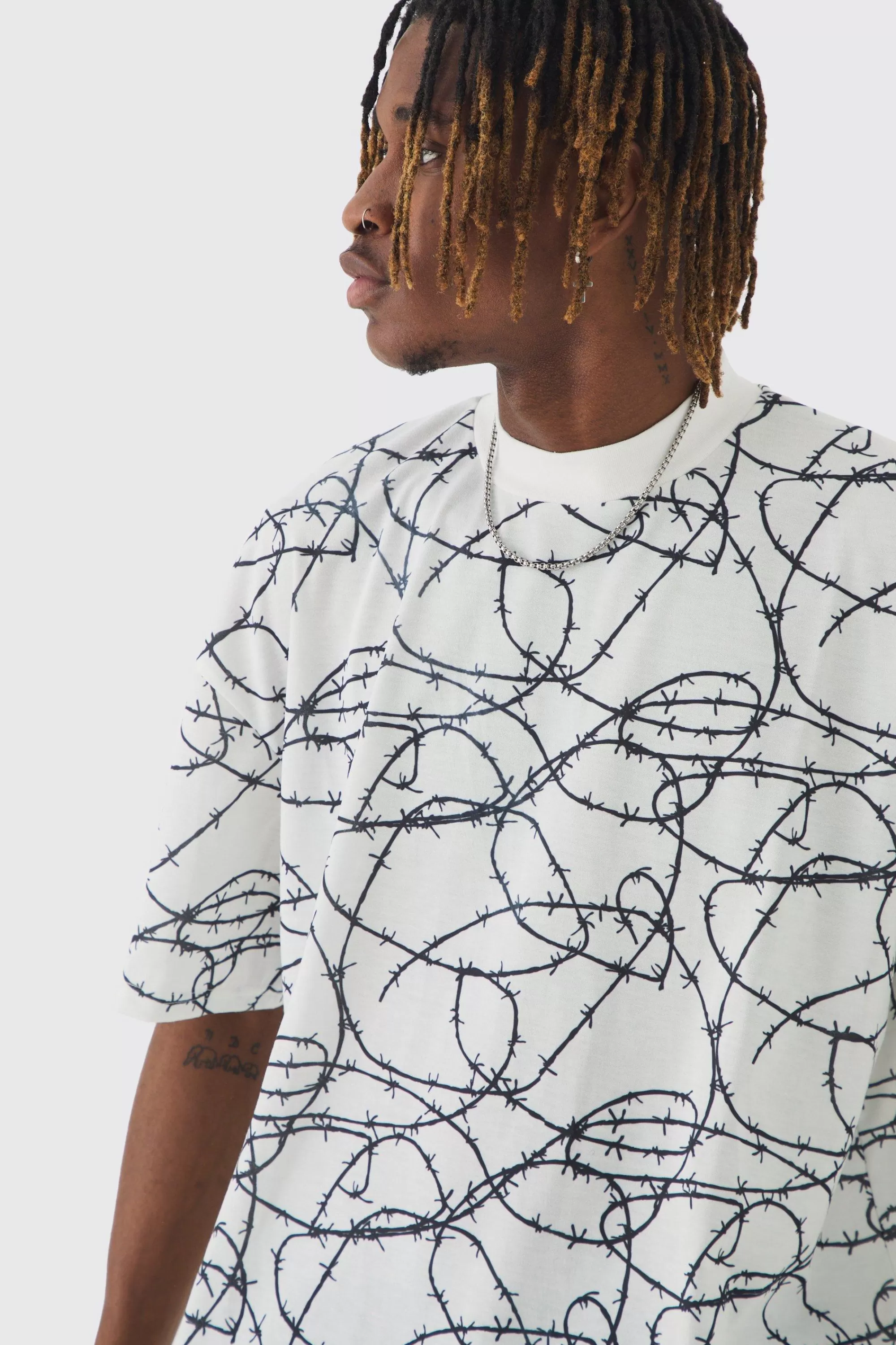 boohooMAN Tall Oversized Extended Neck Barbed Wire Graphic T-shirt | UK white Fashion