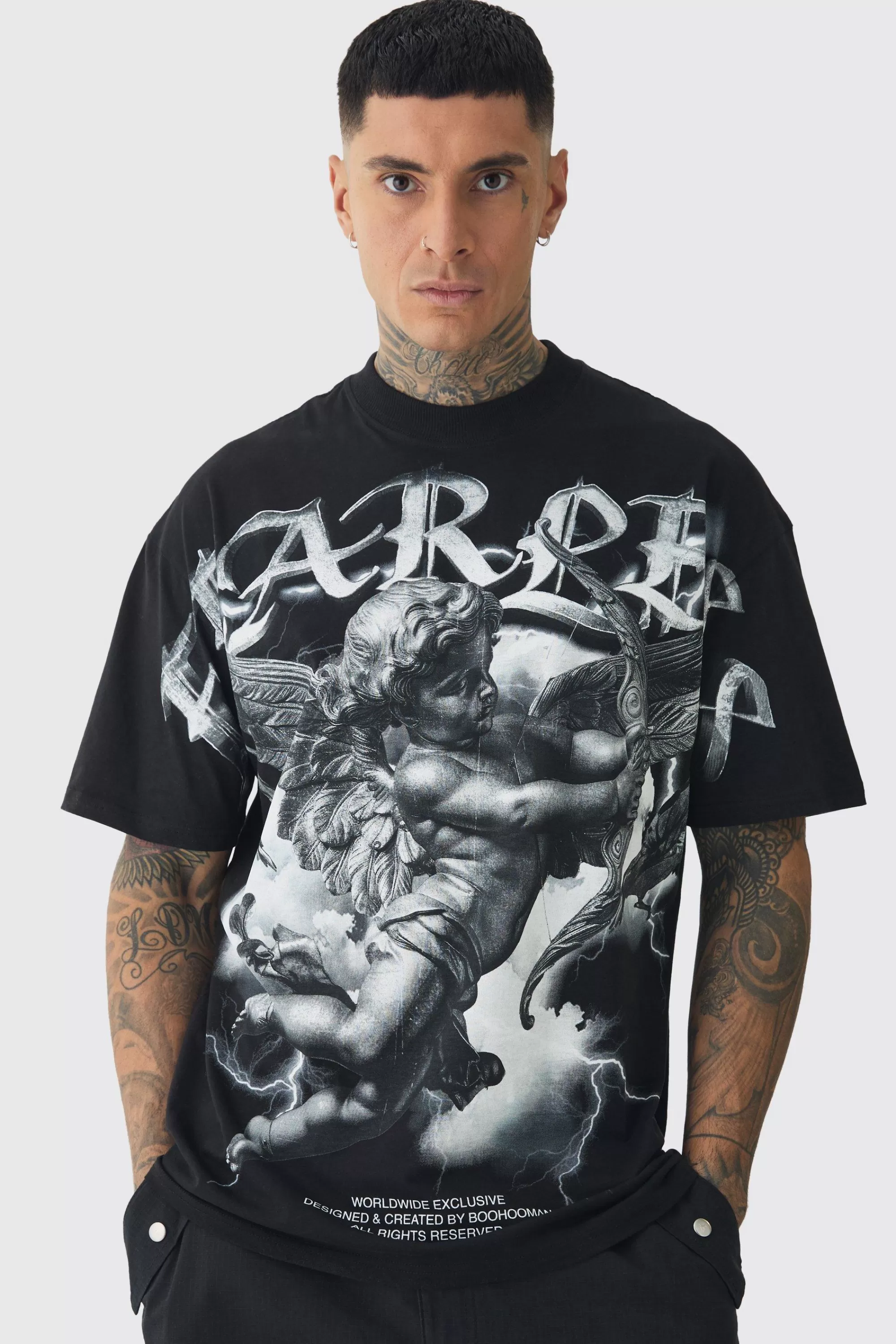 boohooMAN Tall Oversized Extended Neck Cherub Large Scale Print T-Shirt | UK black Clearance