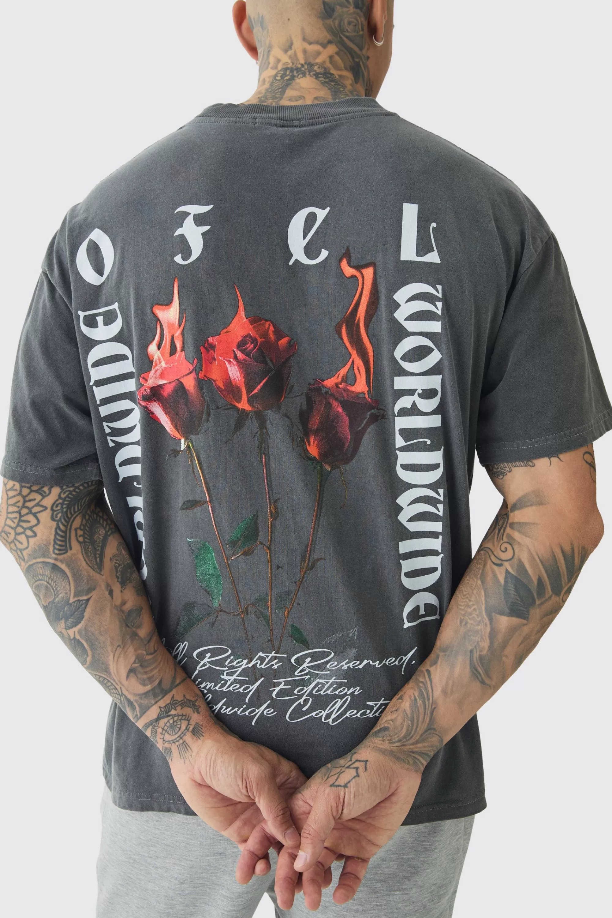 boohooMAN Tall Oversized Extended Neck Flame Rose Print Washed T-shirt | UK charcoal Hot