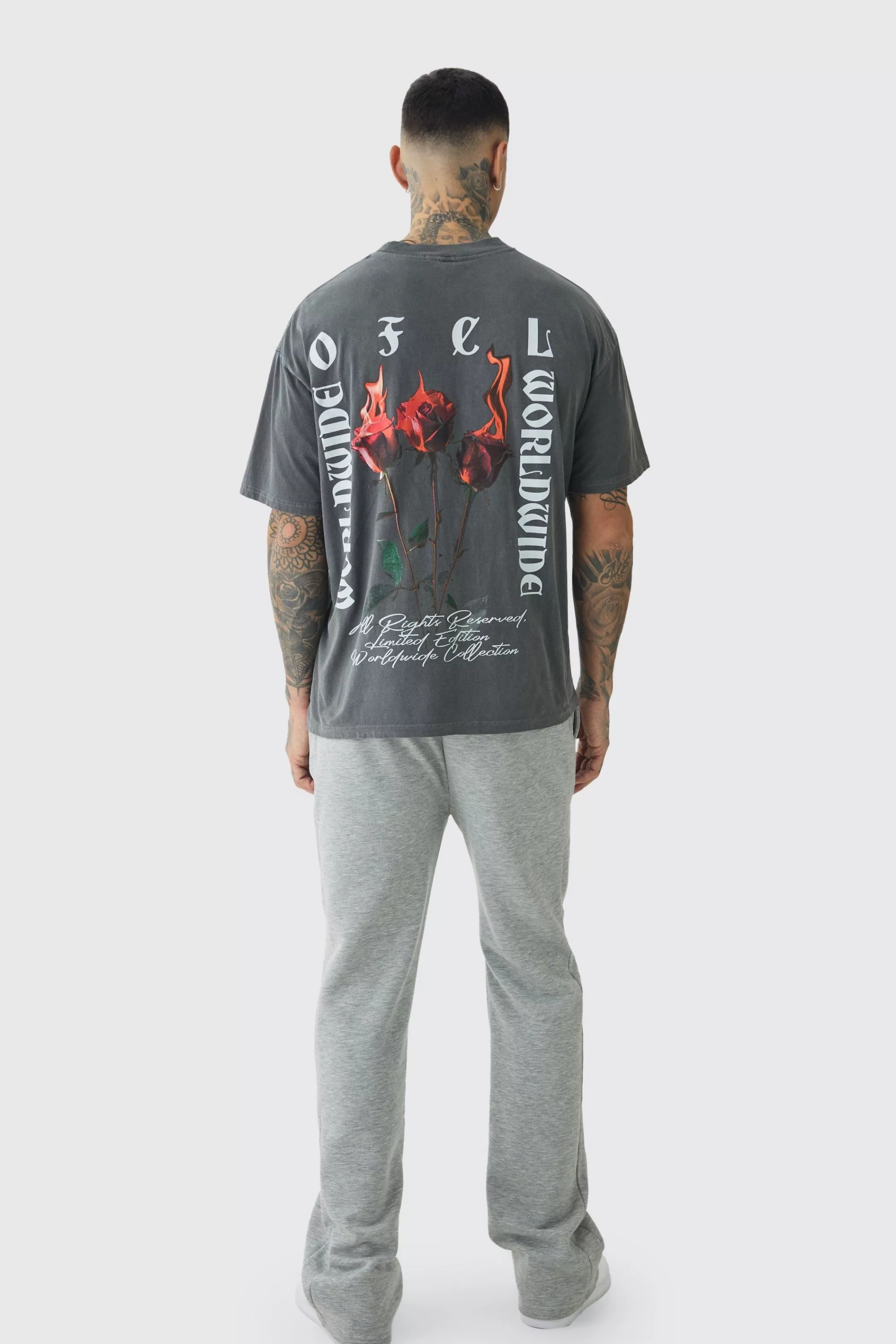 boohooMAN Tall Oversized Extended Neck Flame Rose Print Washed T-shirt | UK charcoal Hot