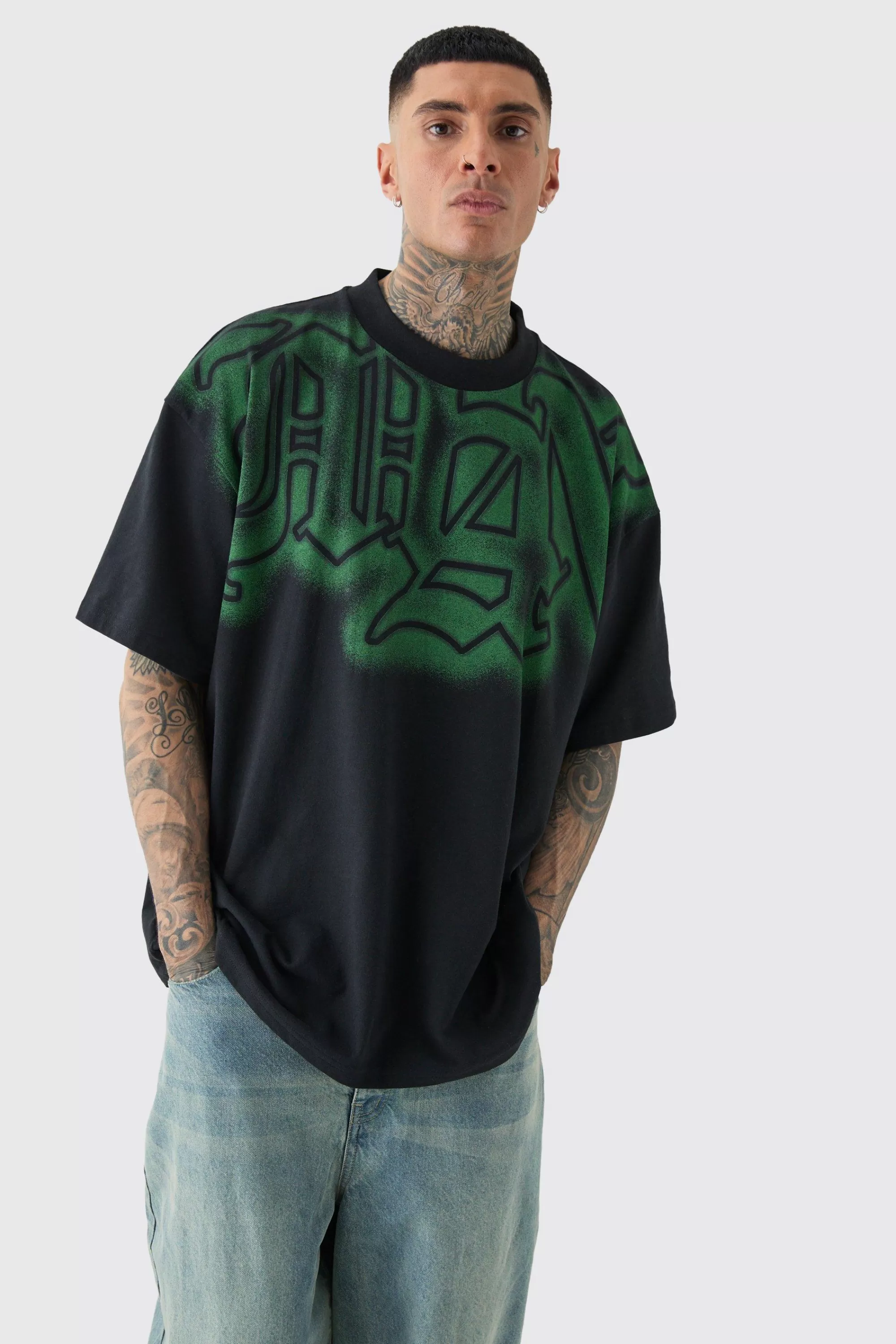 boohooMAN Tall Oversized Extended Neck Gothic Man Grafitti Spray T-shirt | UK black Fashion