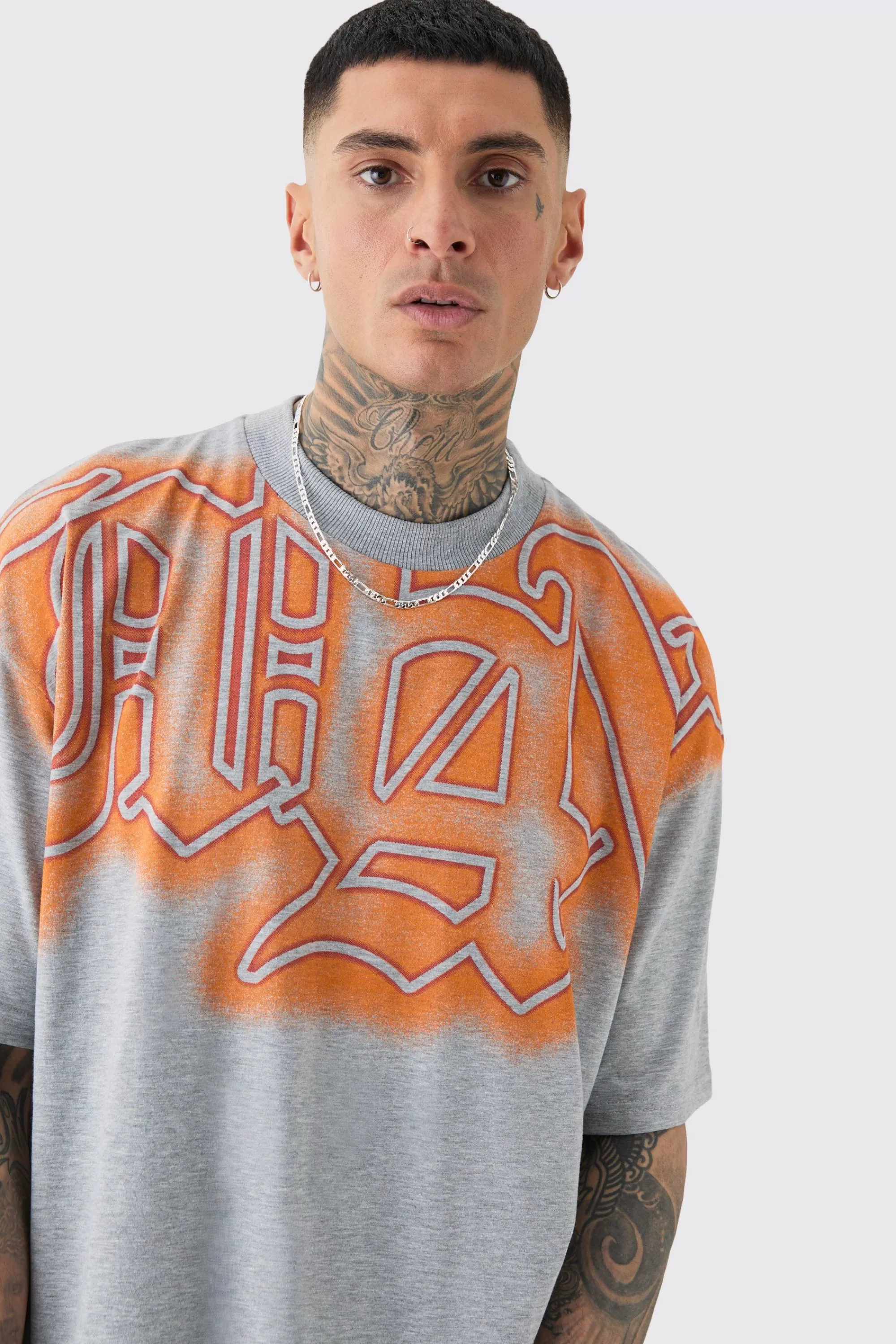 boohooMAN Tall Oversized Extended Neck Gothic Man Grafitti Spray T-shirt | UK grey Shop