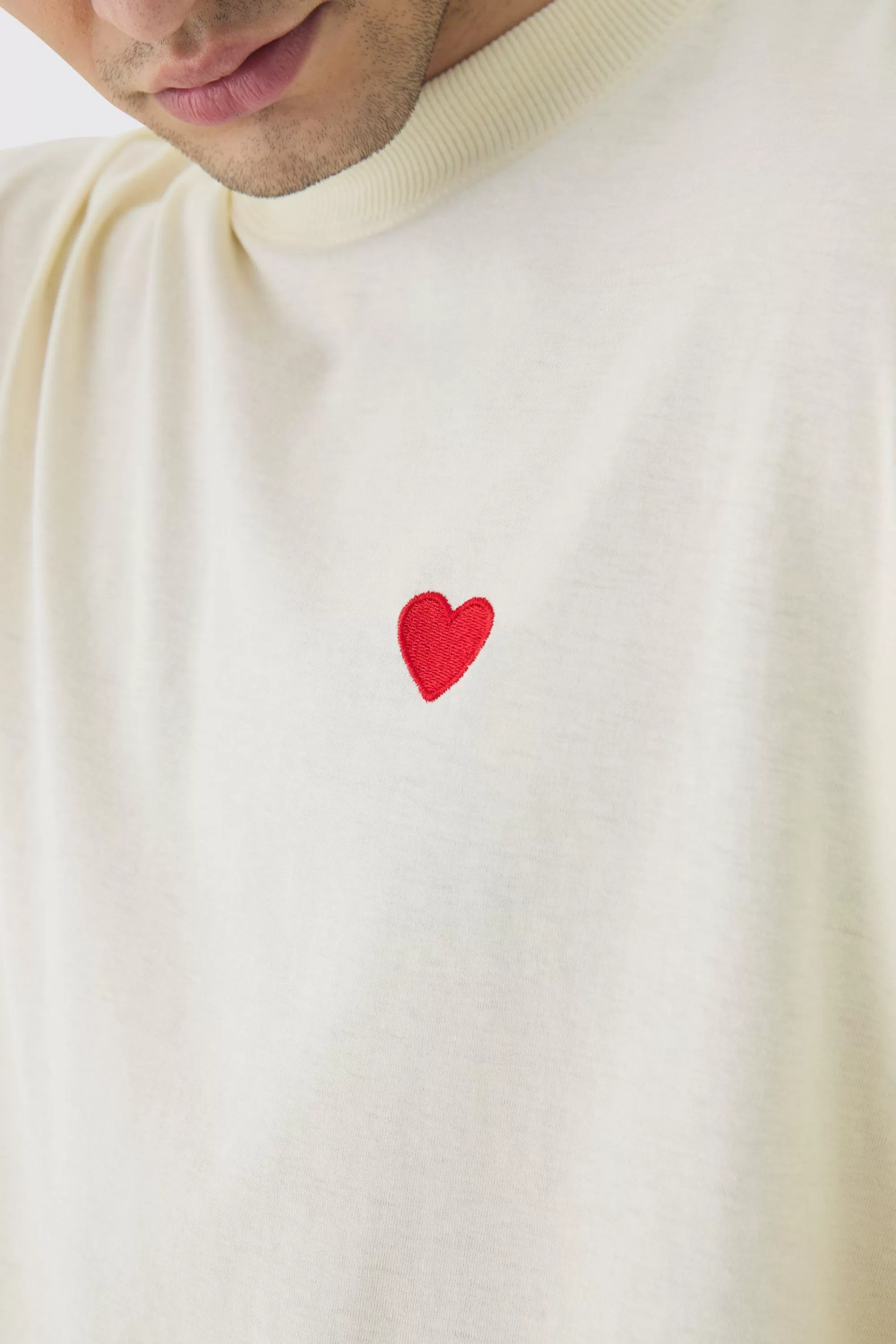 boohooMAN Tall Oversized Extended Neck Heart Embroidered T-Shirt | UK ecru Online