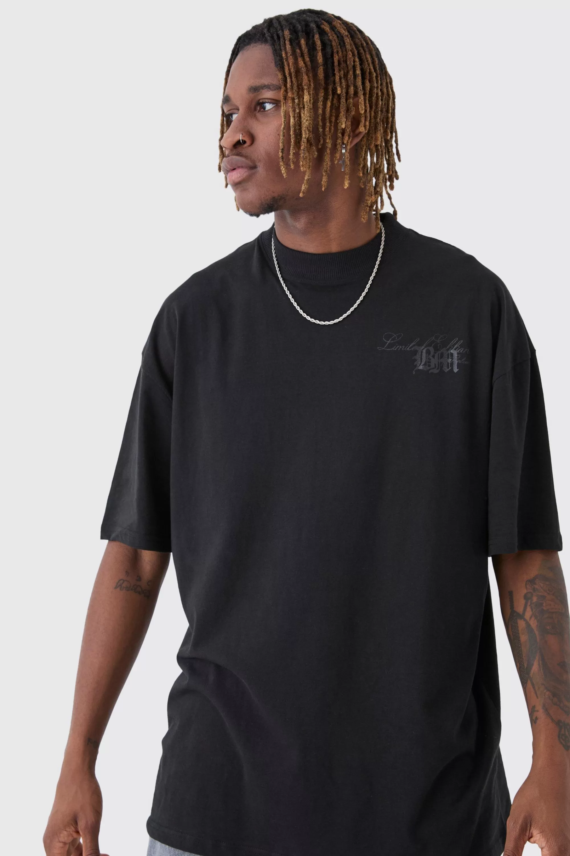 boohooMAN Tall Oversized Extended Neck Limited Edition Print T-Shirt | UK black Sale