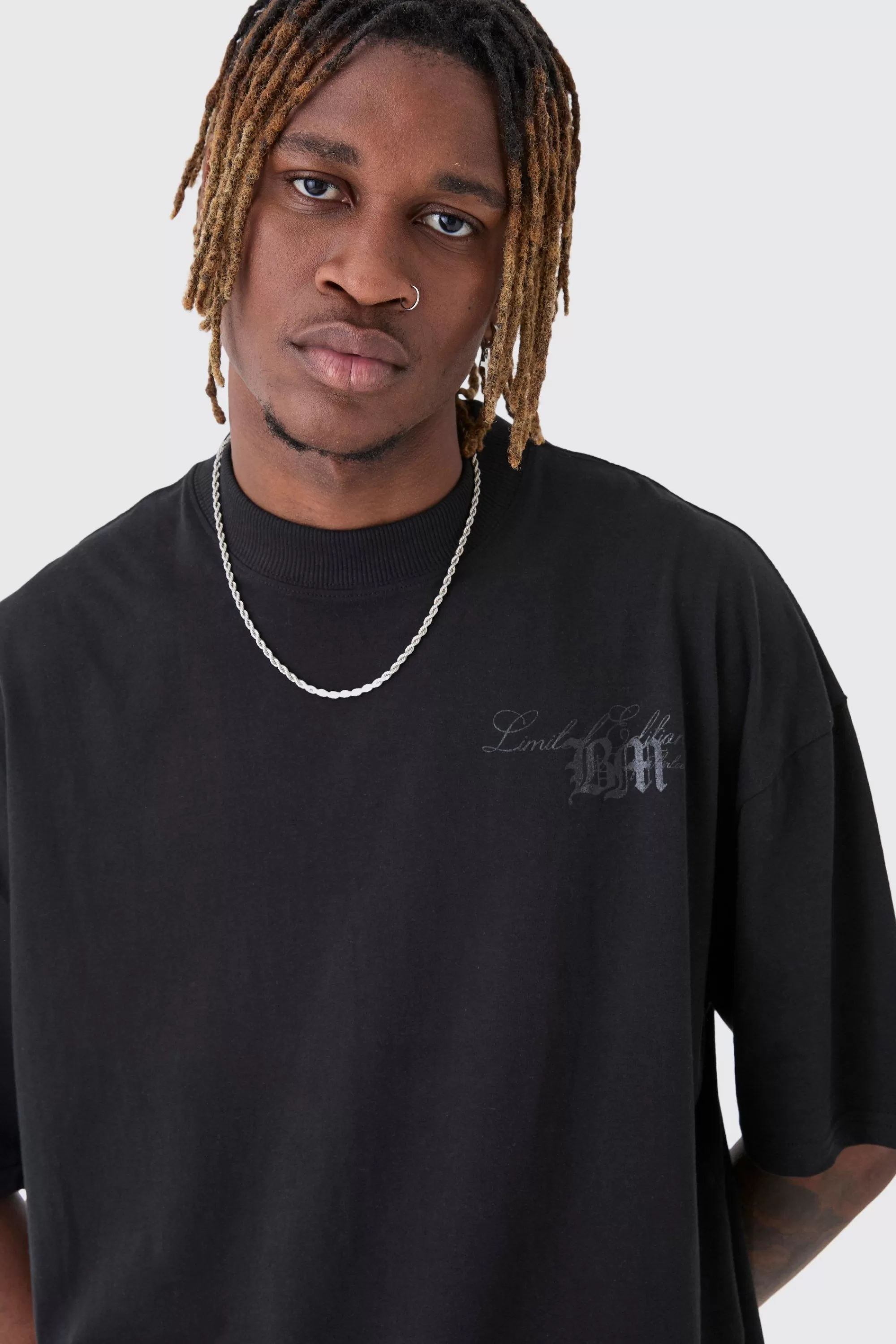 boohooMAN Tall Oversized Extended Neck Limited Edition Print T-Shirt | UK black Sale