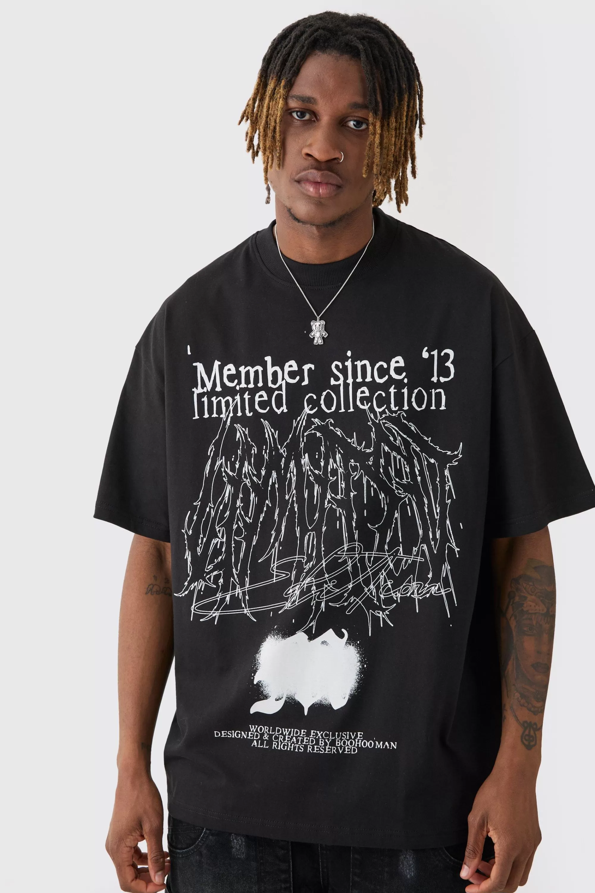boohooMAN Tall Oversized Extended Neck Limited Print T-shirt | UK black New