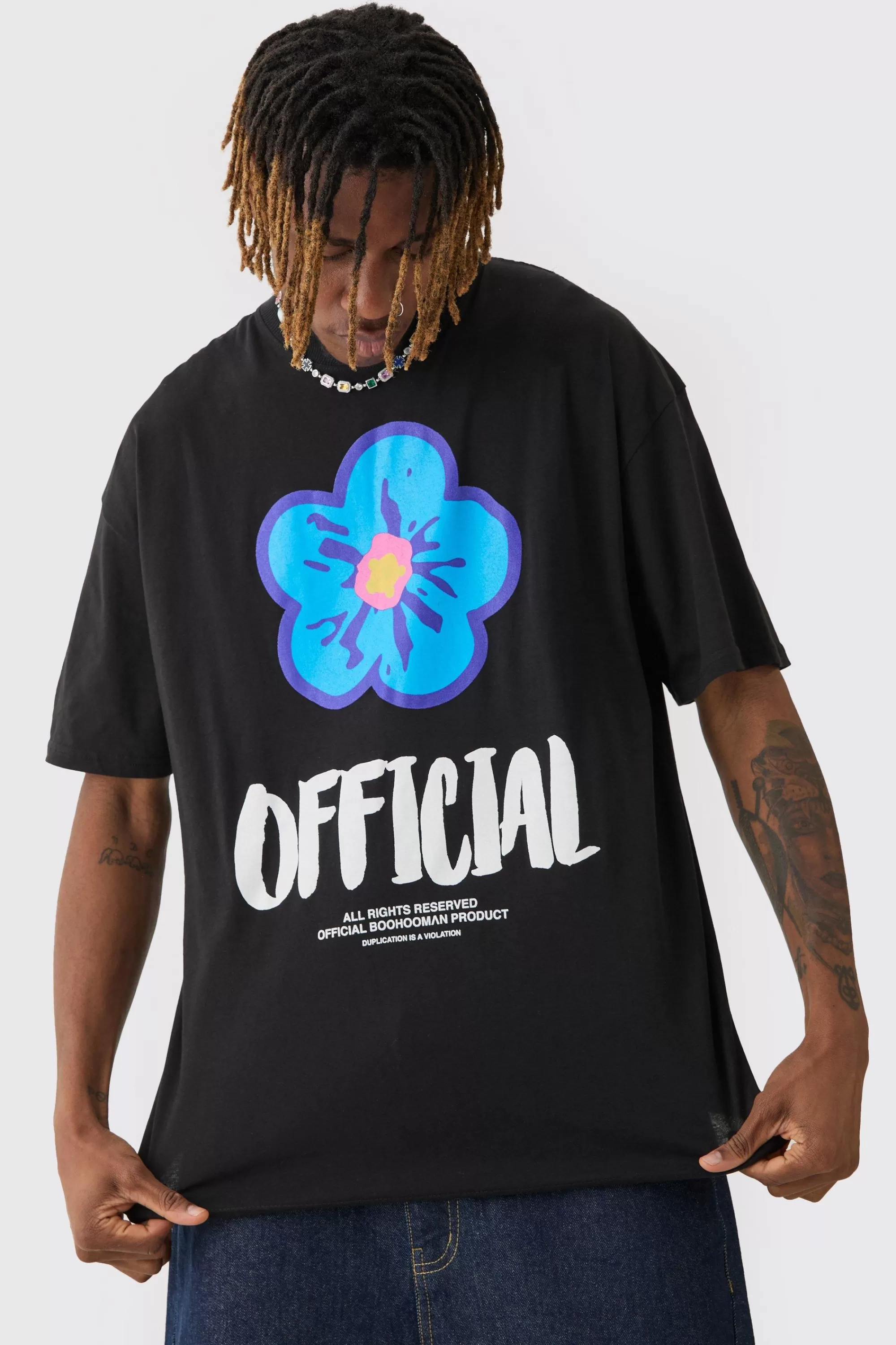 boohooMAN Tall Oversized Extended Neck Official Floral Print T-shirt | UK black Hot