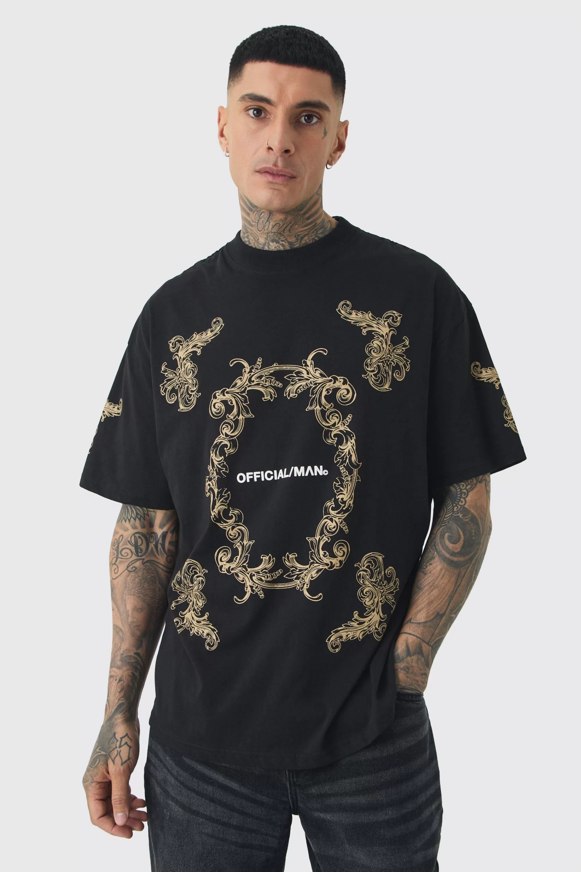 boohooMAN Tall Oversized Extended Neck Official Man Baroque Print T-shirt | UK black Fashion