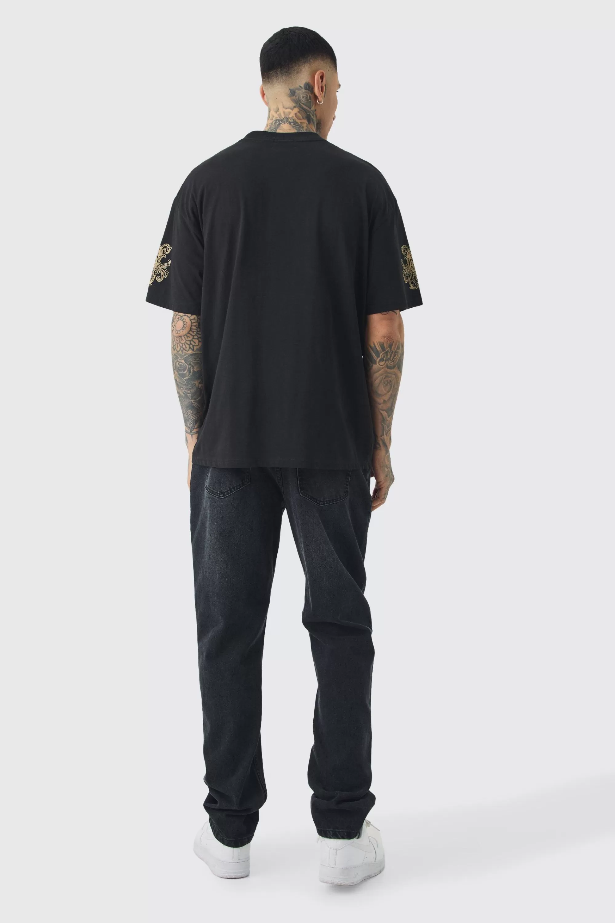 boohooMAN Tall Oversized Extended Neck Official Man Baroque Print T-shirt | UK black Fashion