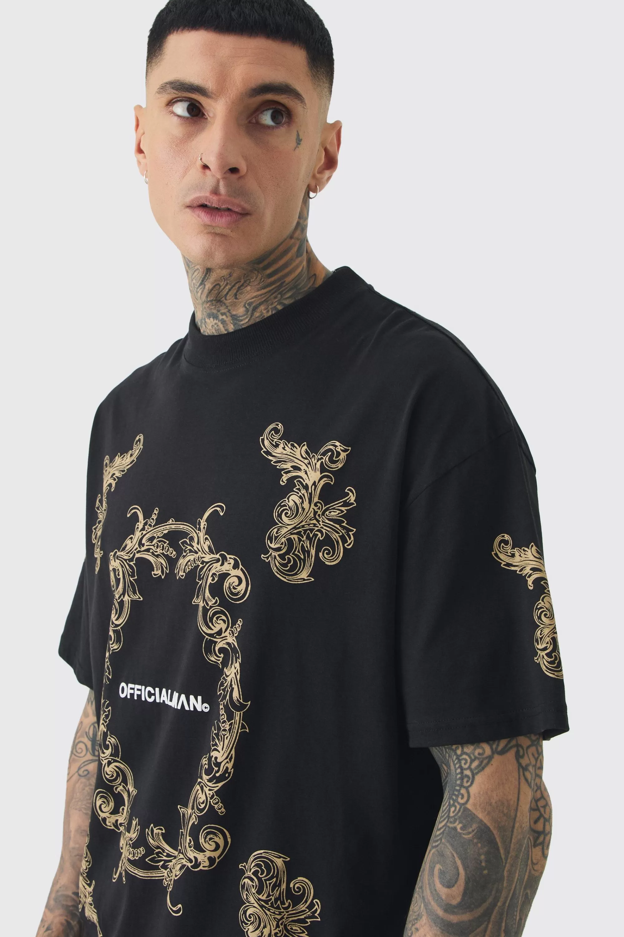 boohooMAN Tall Oversized Extended Neck Official Man Baroque Print T-shirt | UK black Fashion