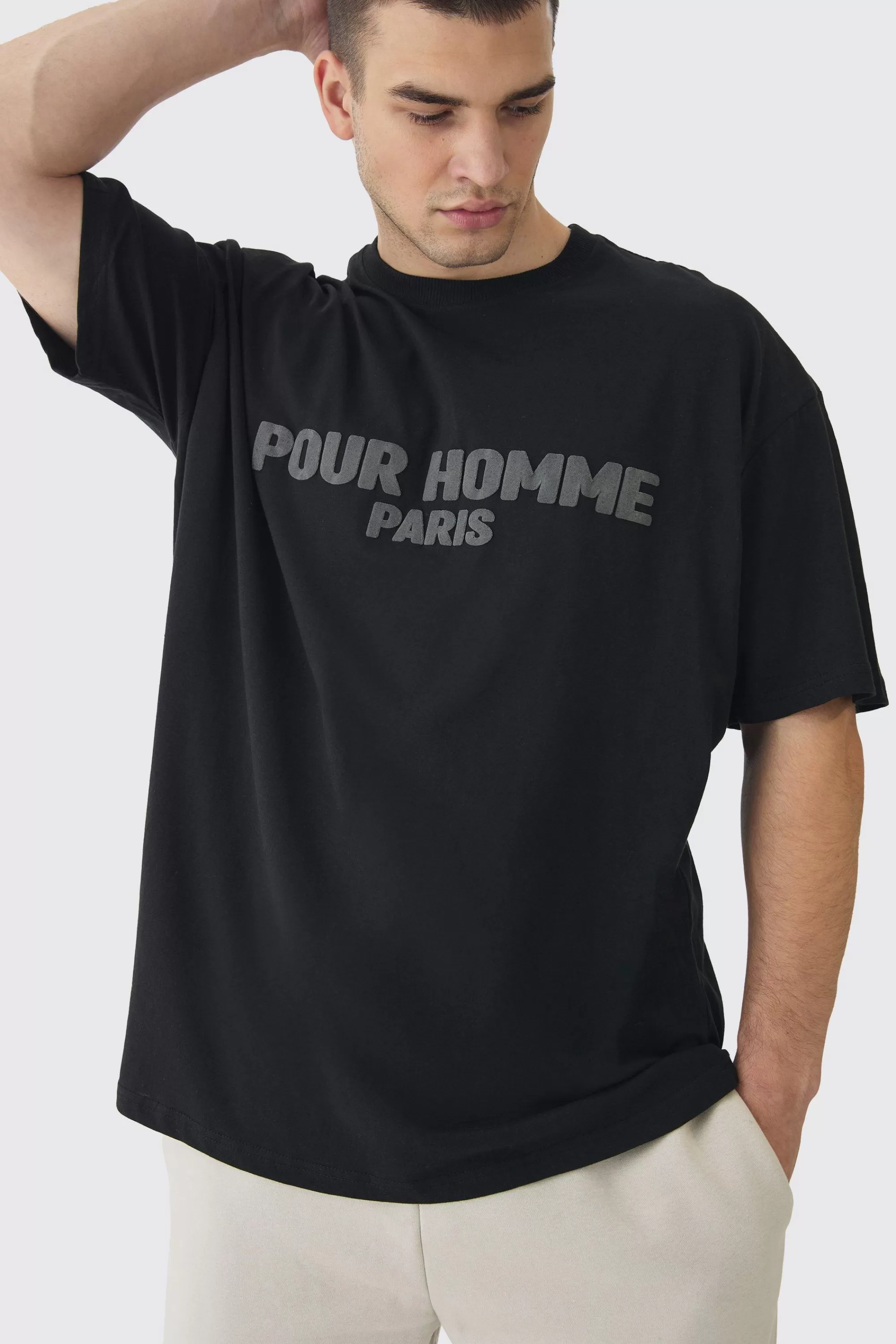 boohooMAN Tall Oversized Extended Neck Pour Homme Puff Print T-Shirt | UK black Outlet