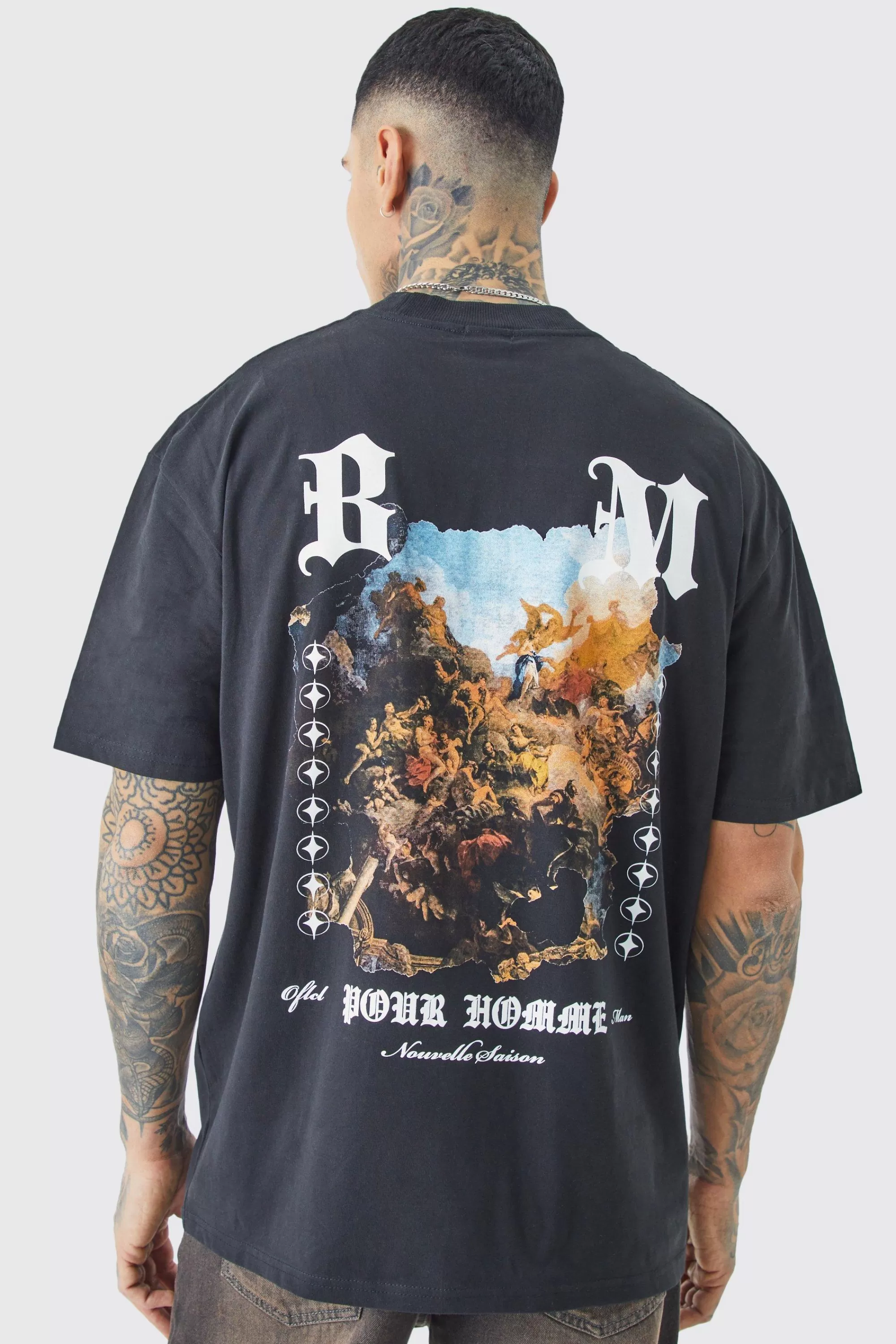 boohooMAN Tall Oversized Extended Neck Renaissance Back Print T-shirt | UK black Clearance