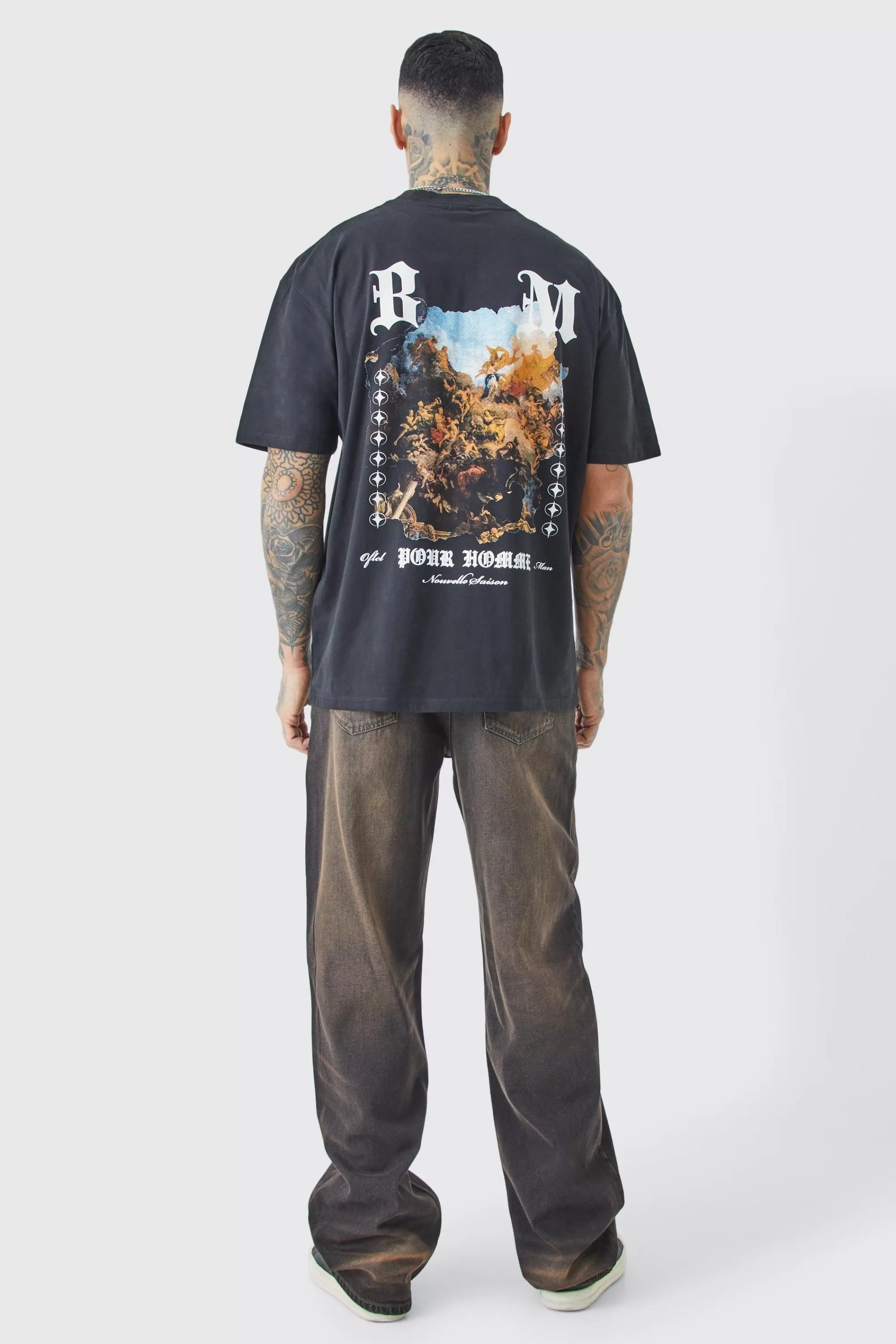 boohooMAN Tall Oversized Extended Neck Renaissance Back Print T-shirt | UK black Clearance