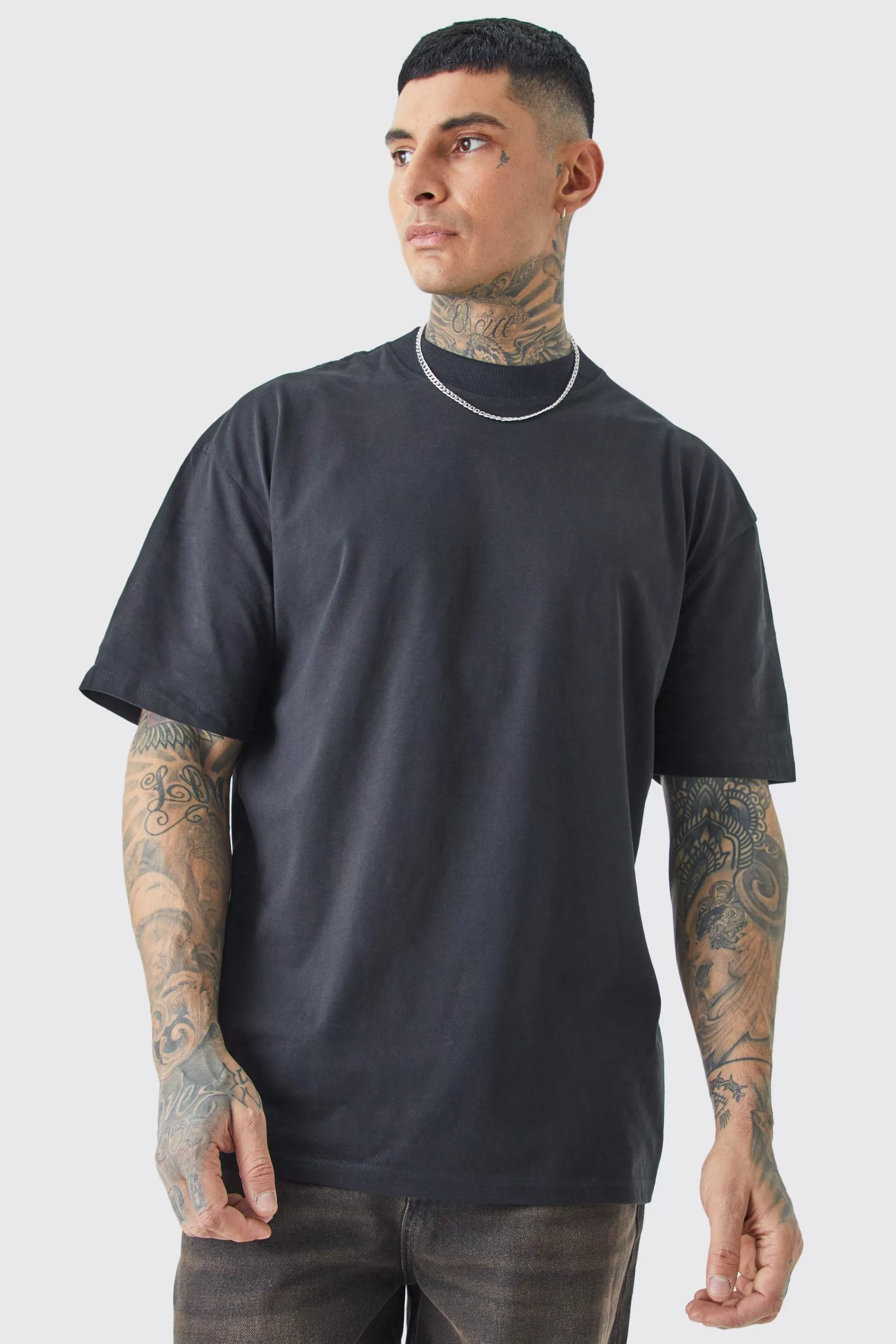 boohooMAN Tall Oversized Extended Neck Renaissance Back Print T-shirt | UK black Clearance