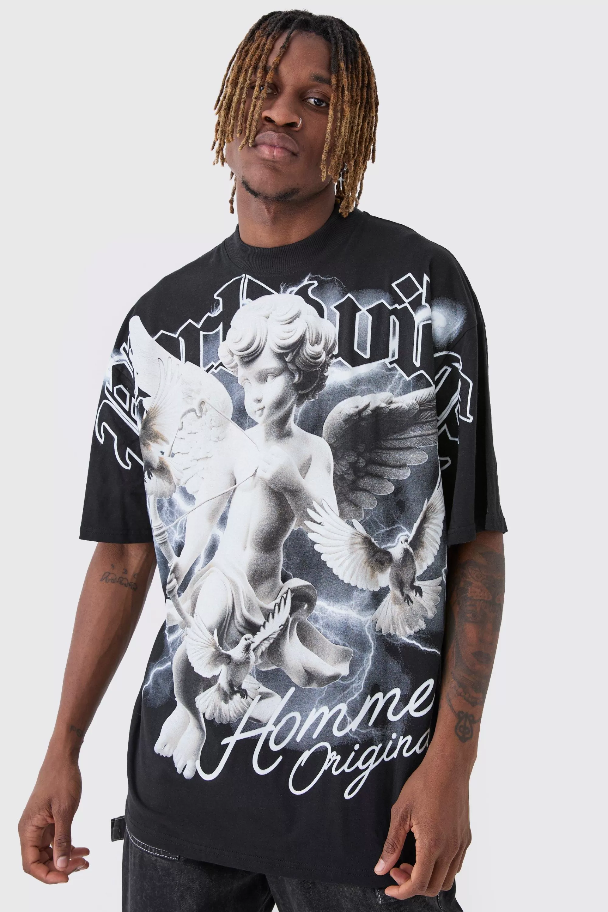 boohooMAN Tall Oversized Extended Neck Rennaisance Large Scale Print T-Shirt | UK black Fashion