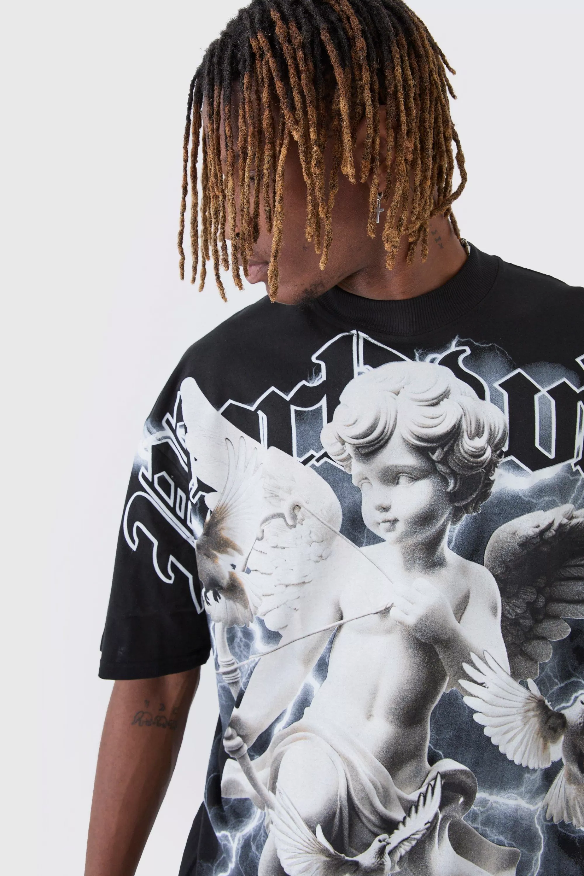 boohooMAN Tall Oversized Extended Neck Rennaisance Large Scale Print T-Shirt | UK black Fashion