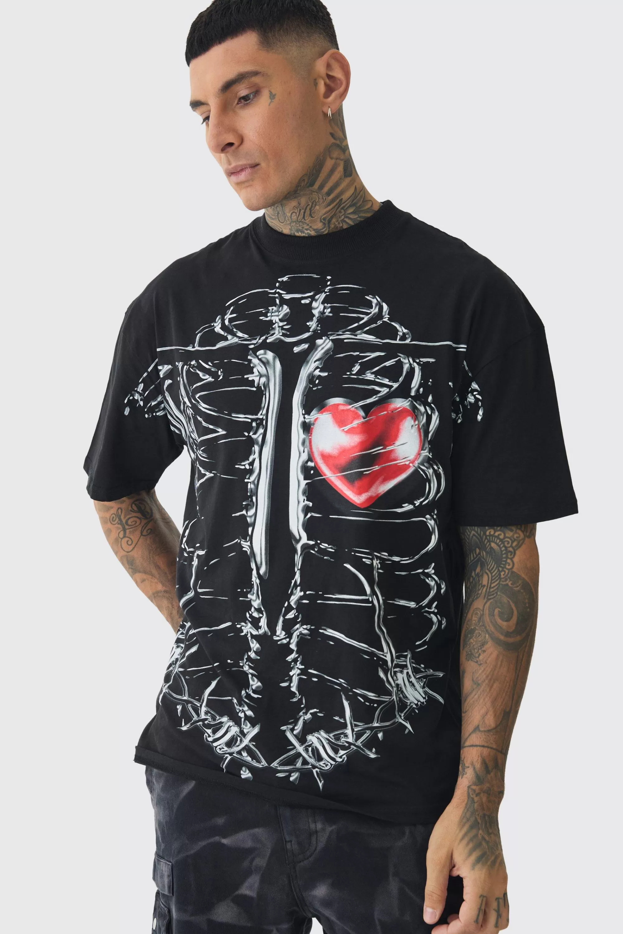 boohooMAN Tall Oversized Extended Neck Ribcage Large Scale Print T-Shirt | UK black Flash Sale