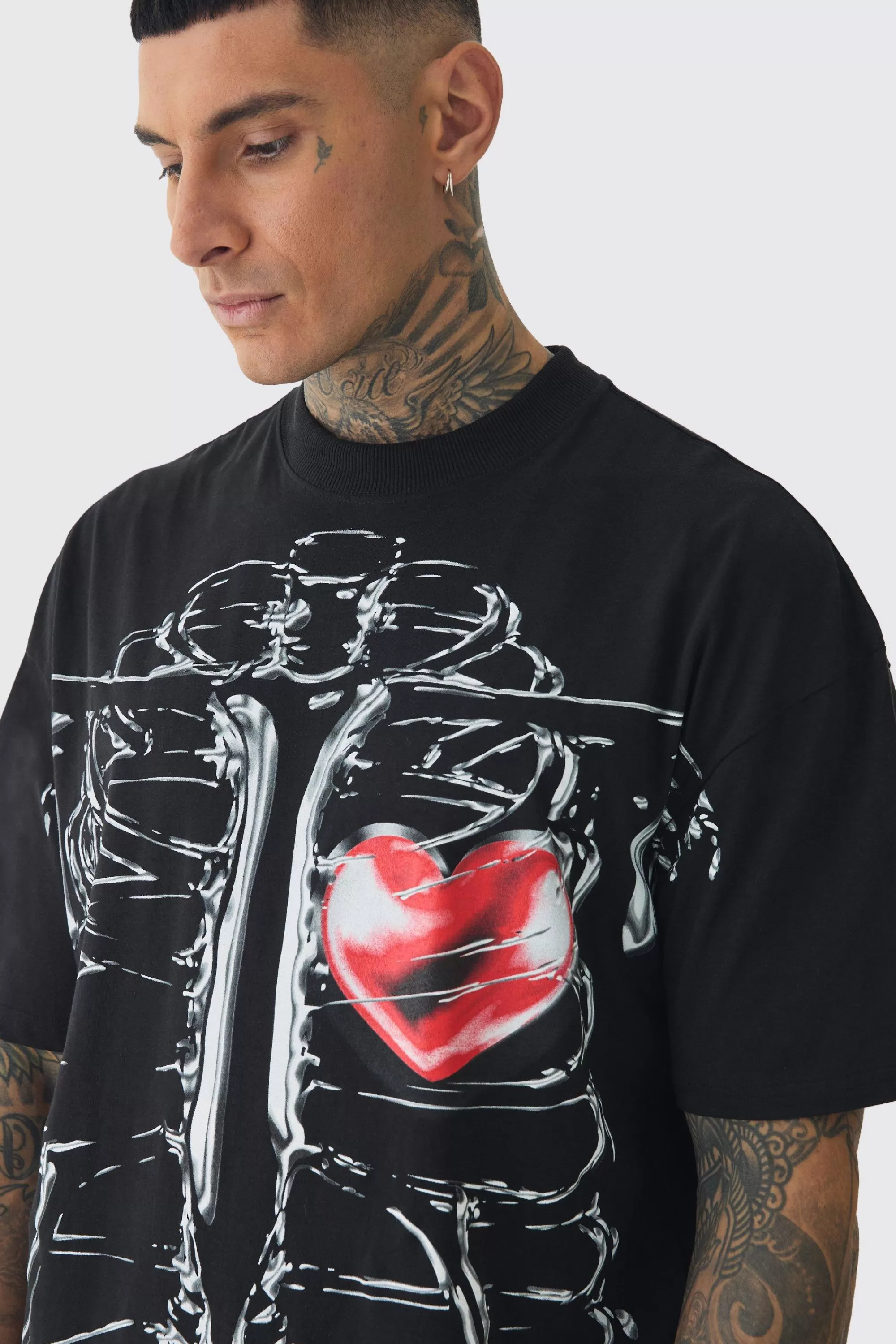 boohooMAN Tall Oversized Extended Neck Ribcage Large Scale Print T-Shirt | UK black Flash Sale