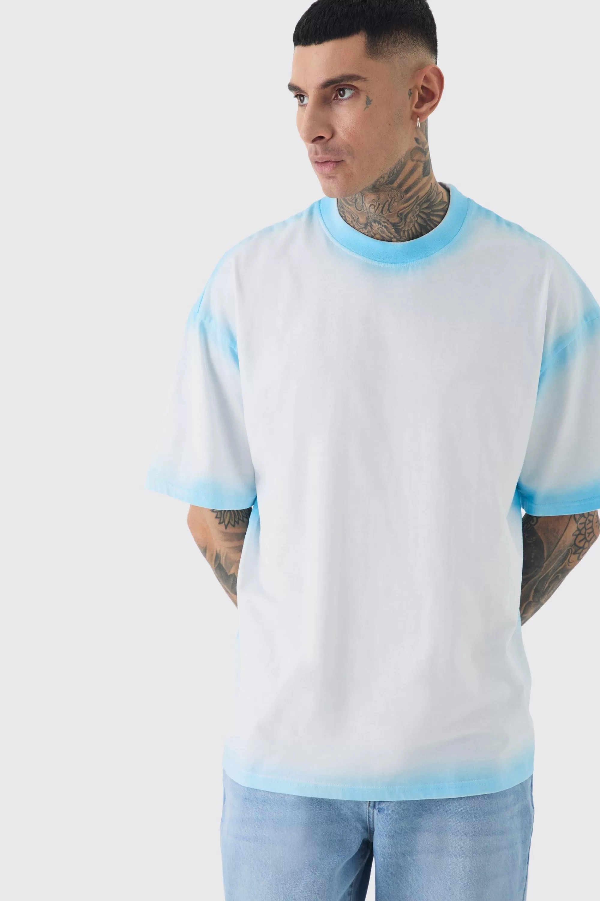 boohooMAN Tall Oversized Extended Neck Spray Wash T-shirt | UK white Clearance