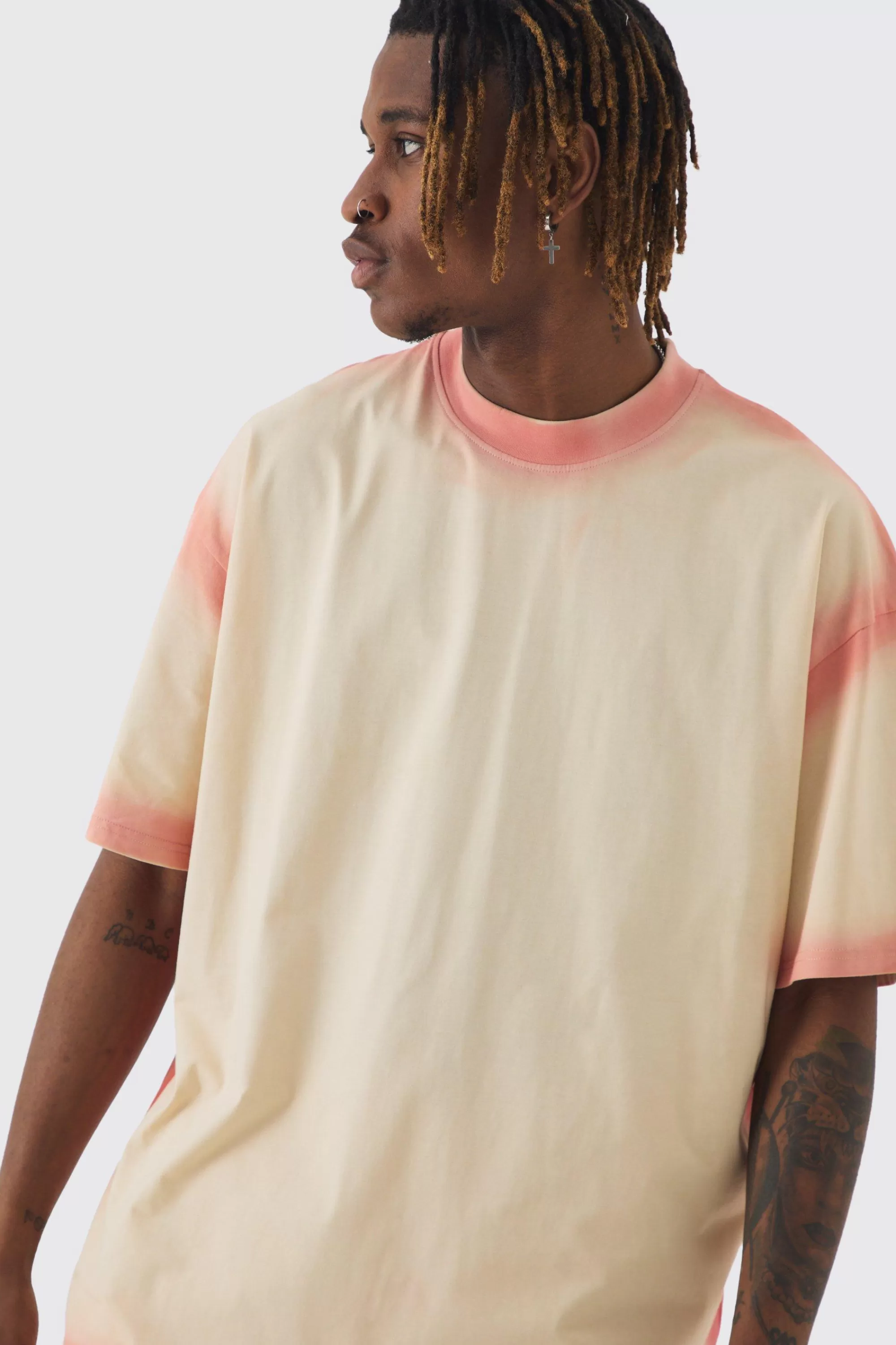 boohooMAN Tall Oversized Extended Neck Spray Wash T-shirt | UK stone Cheap