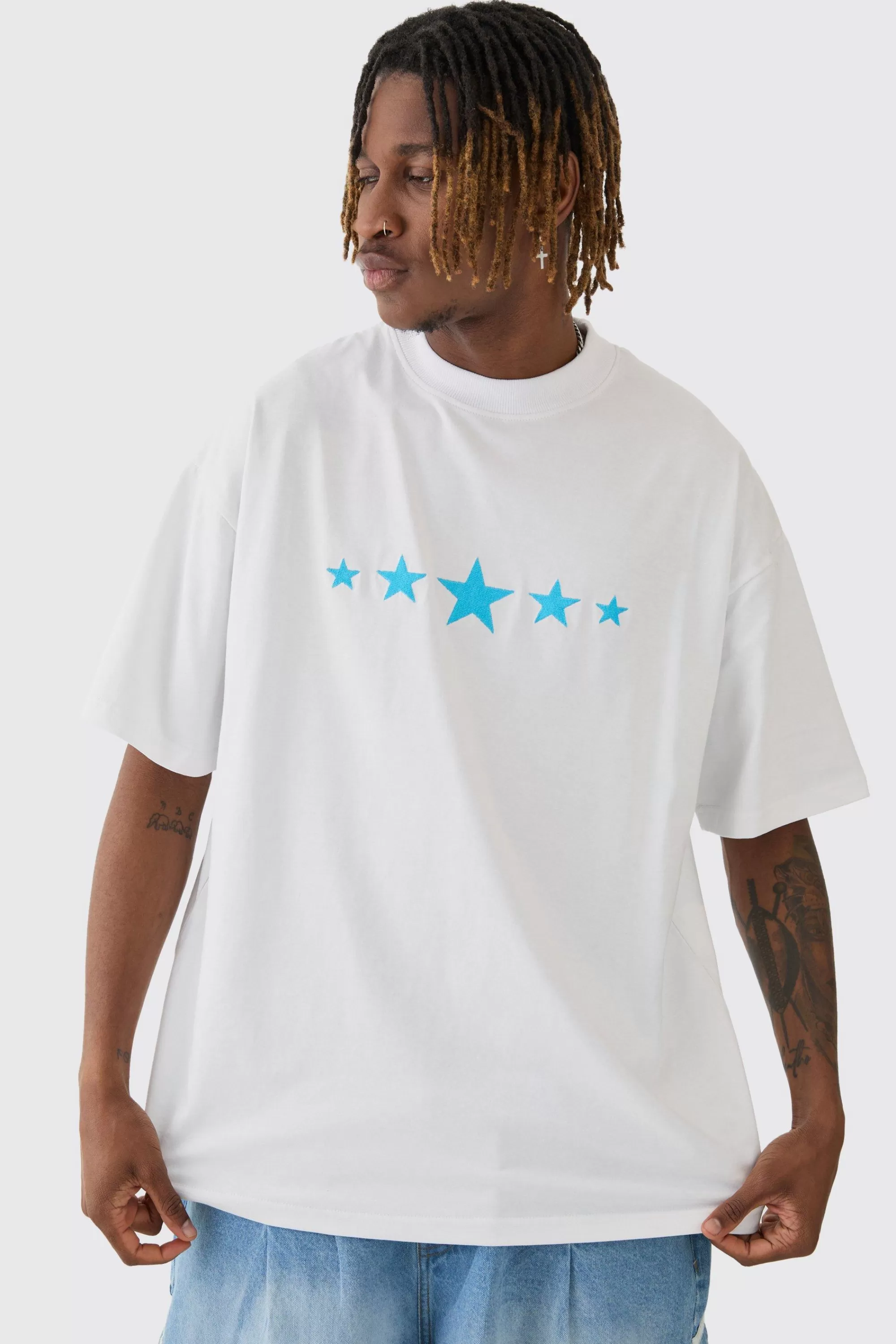 boohooMAN Tall Oversized Extended Neck Star Print T-shirt | UK white Fashion