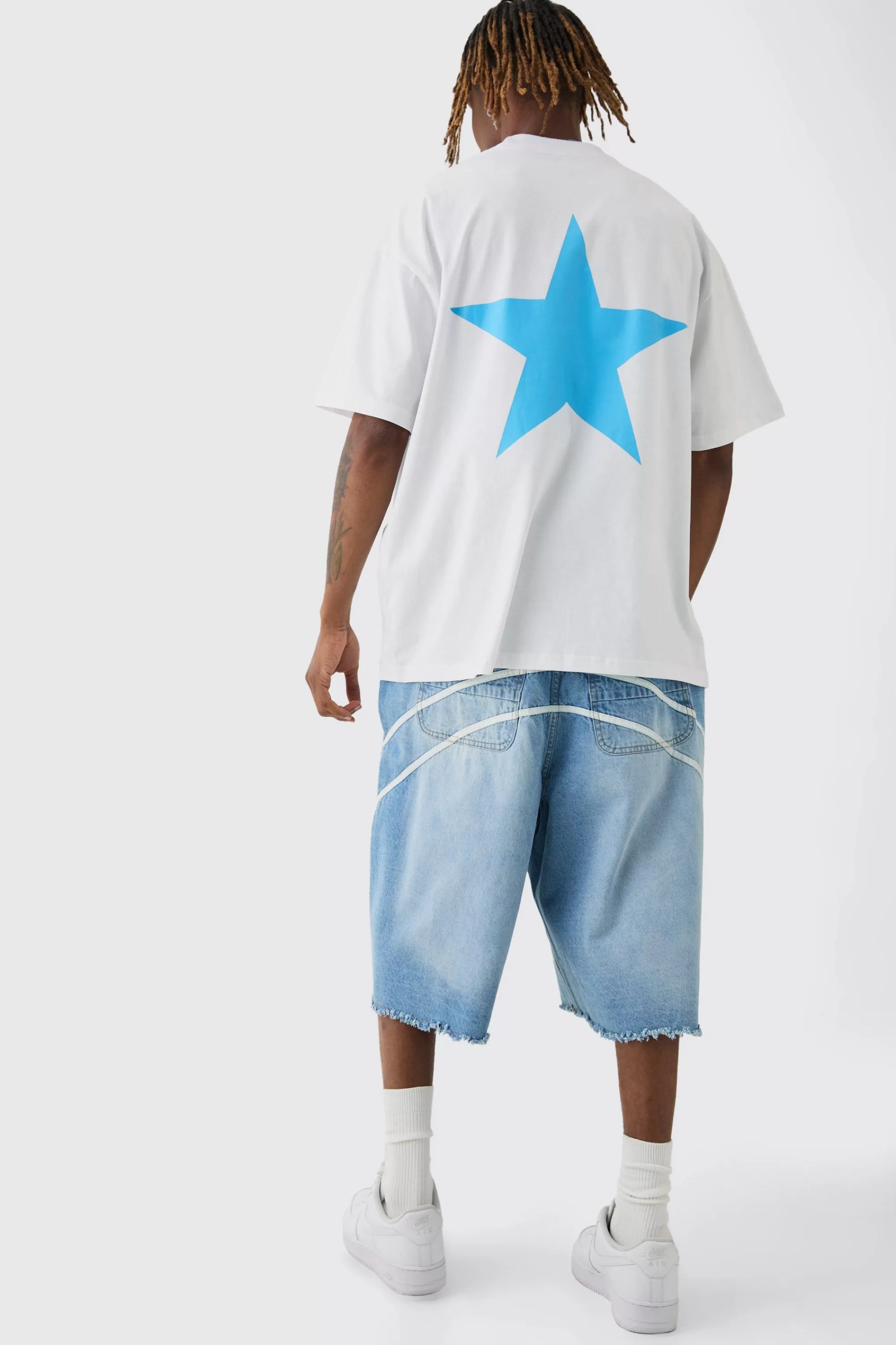 boohooMAN Tall Oversized Extended Neck Star Print T-shirt | UK white Fashion