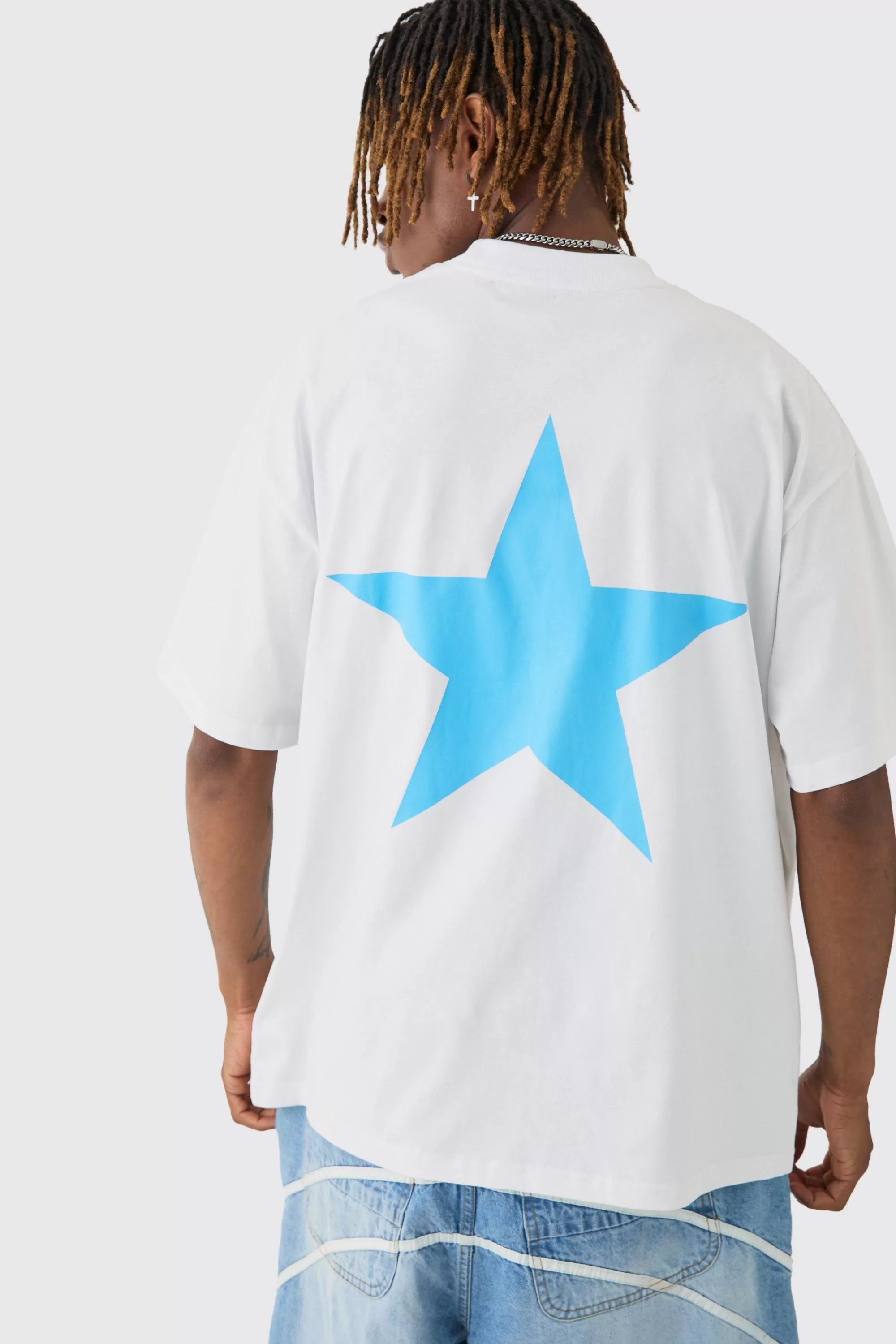 boohooMAN Tall Oversized Extended Neck Star Print T-shirt | UK white Fashion