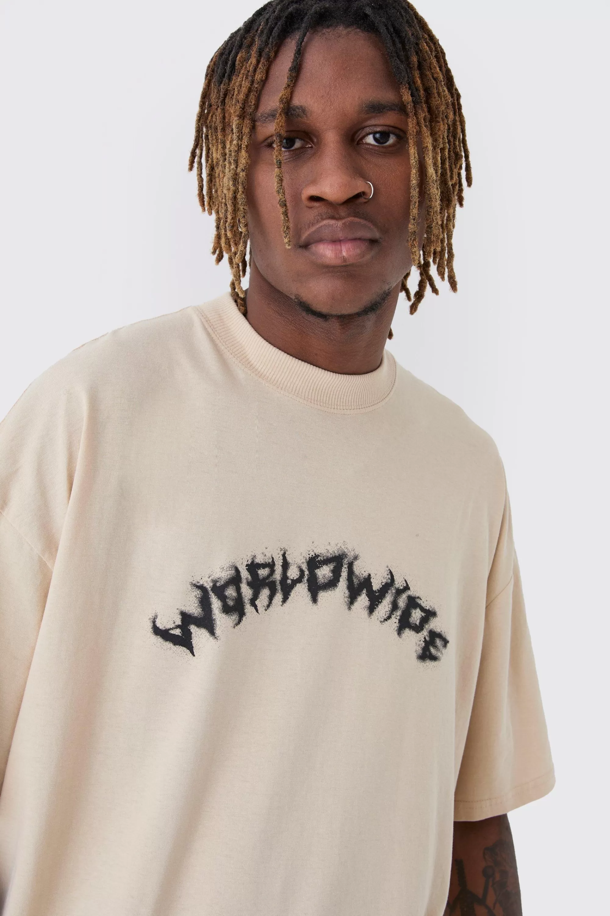 boohooMAN Tall Oversized Extended Neck Worldwide Gothic Cross Print T-Shirt | UK sand Sale