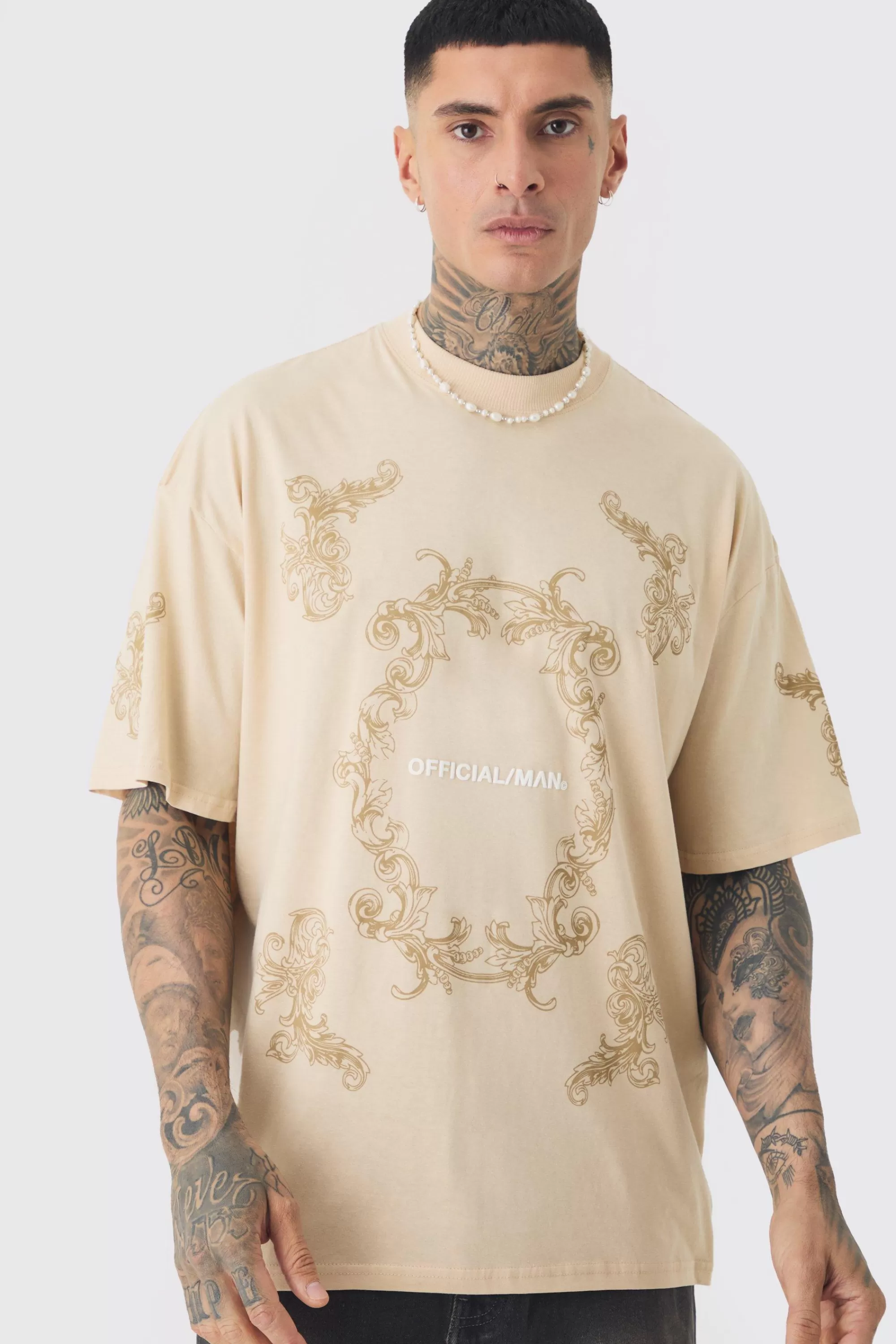 boohooMAN Tall Oversized Extended Official Man Baroque Print T-shirt | UK sand Clearance
