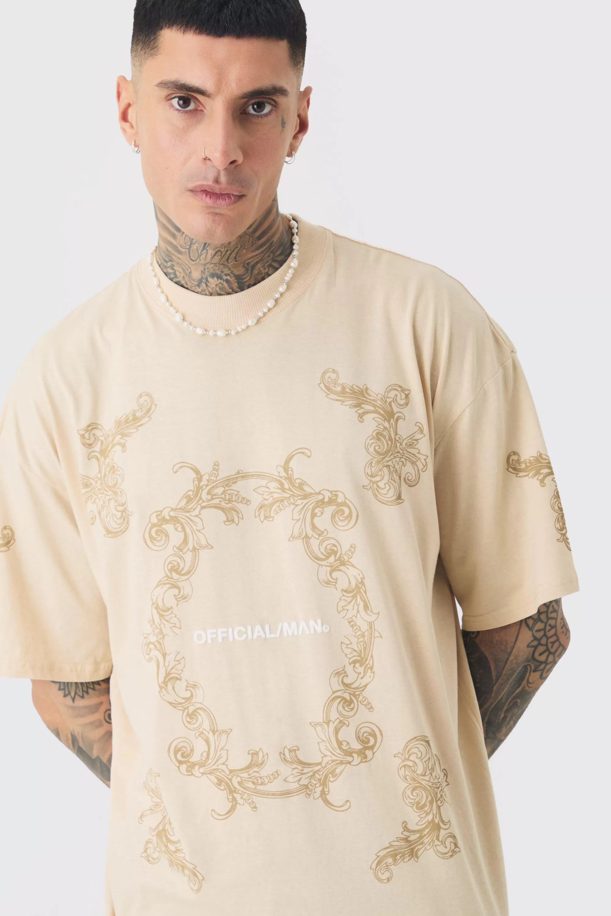 boohooMAN Tall Oversized Extended Official Man Baroque Print T-shirt | UK sand Clearance