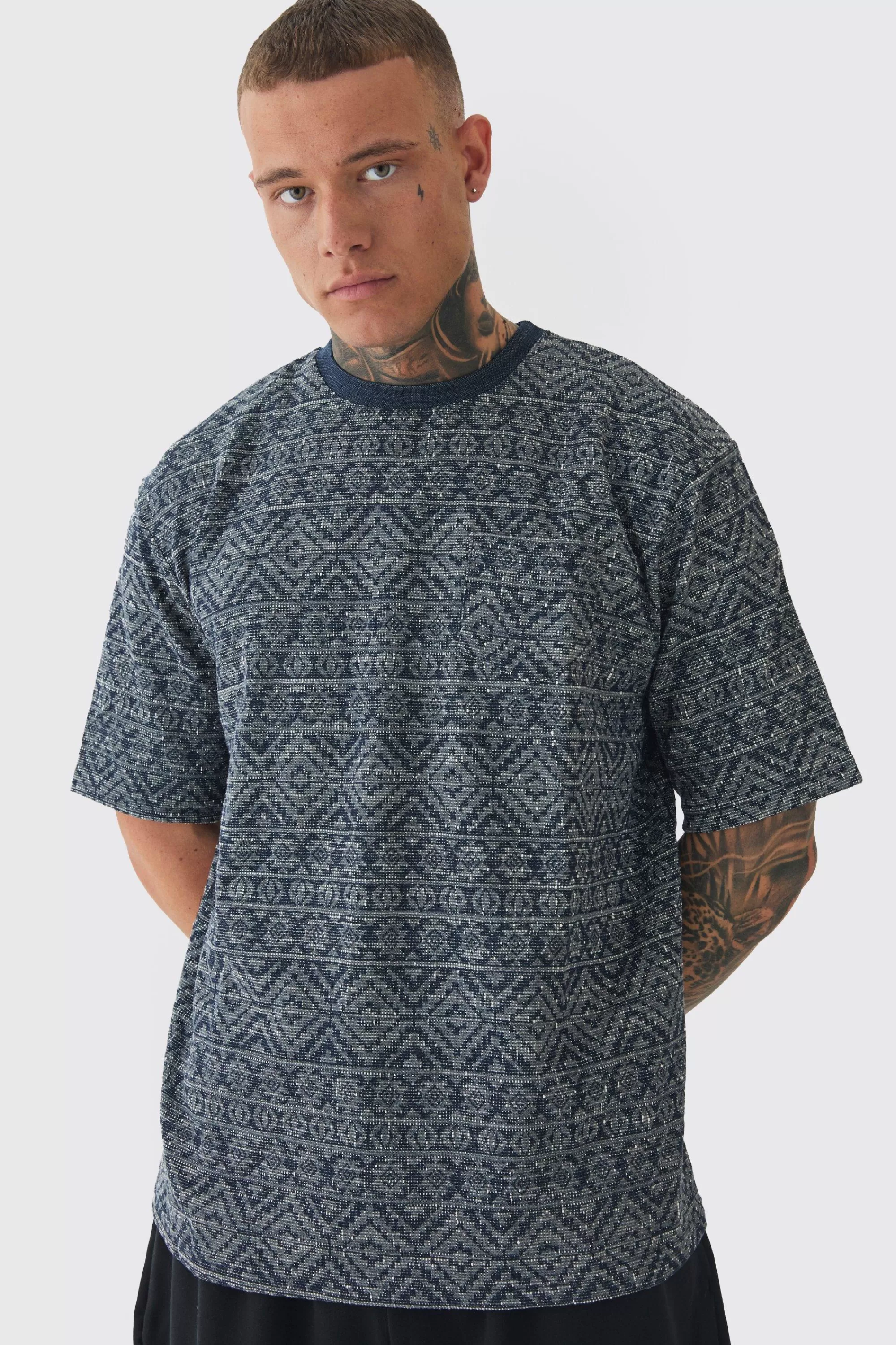 boohooMAN Tall Oversized Jacquard Abstract T-shirt | UK navy Best