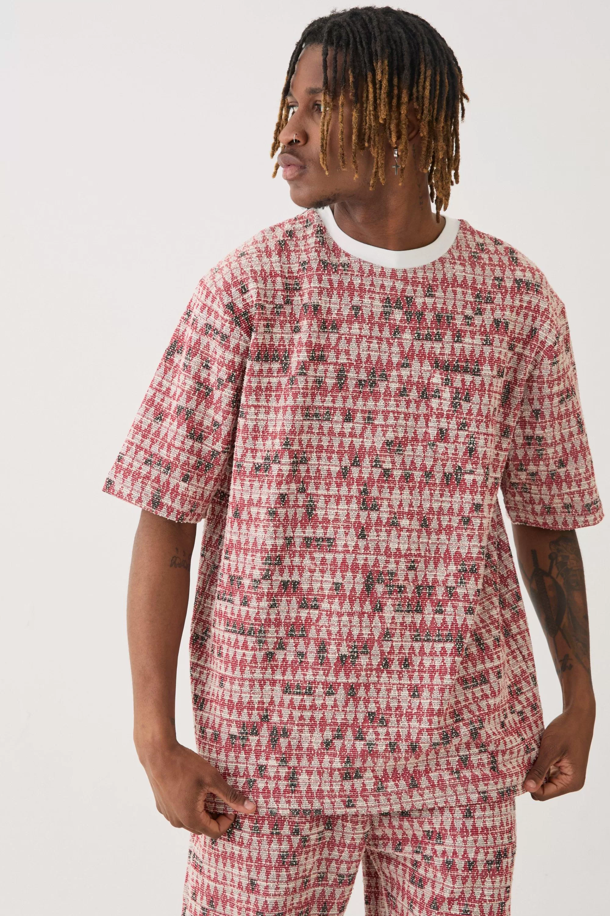 boohooMAN Tall Oversized Jacquard Geo T-shirt | UK red Hot