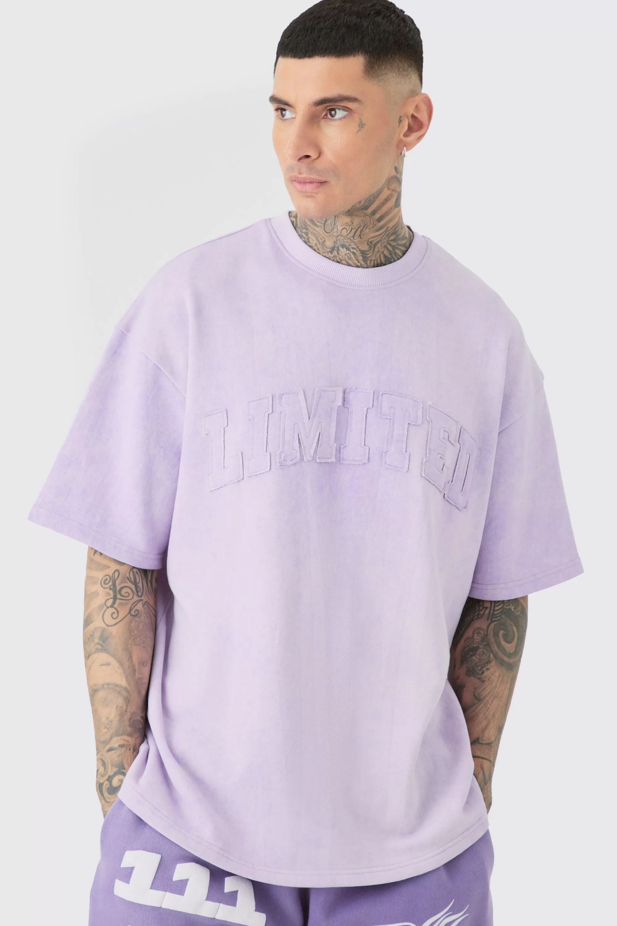 boohooMAN Tall Oversized Limited Applique Washed T-shirt | UK lilac Cheap