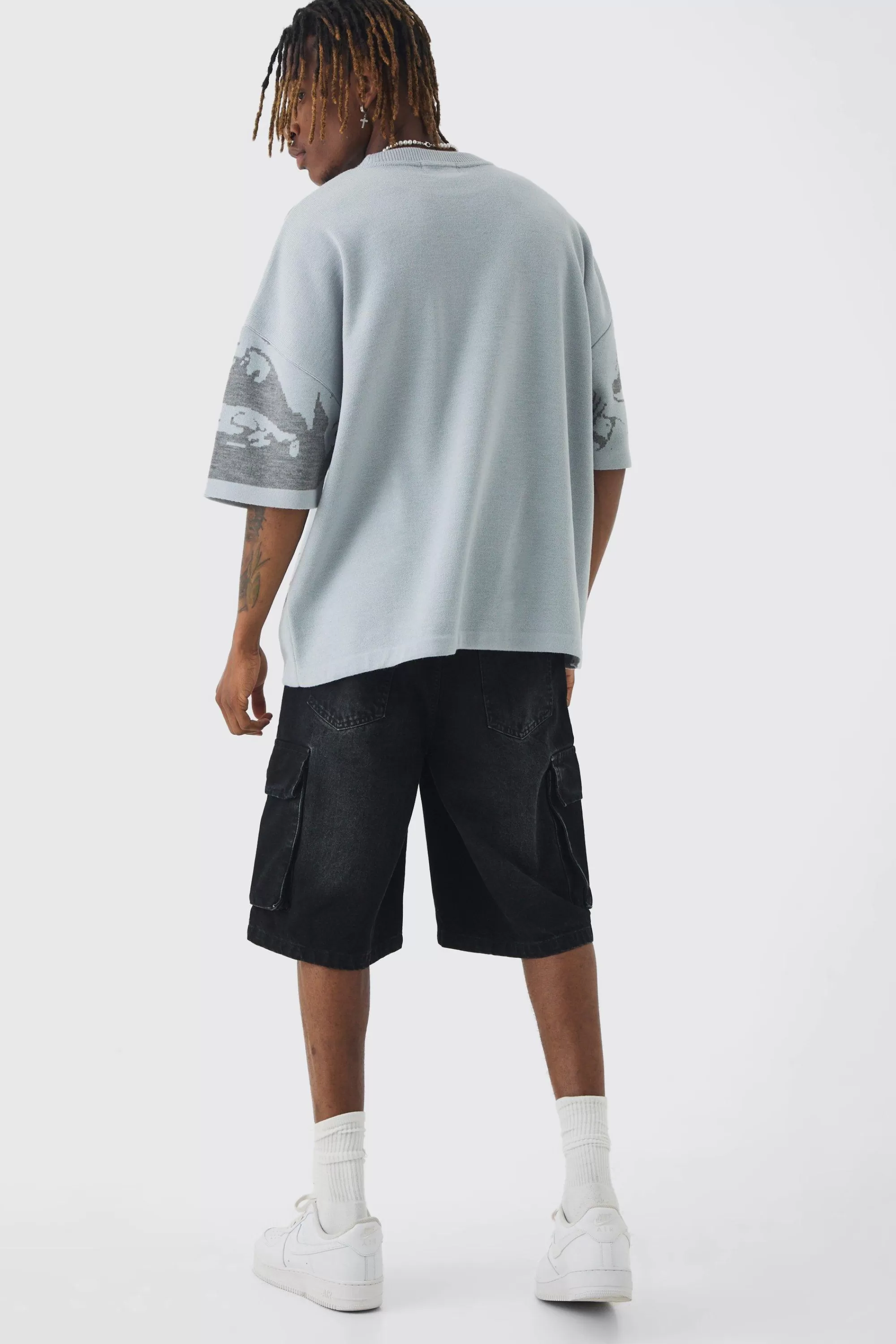 boohooMAN Tall Oversized Line Drawing Knitted T-shirt | UK grey Cheap